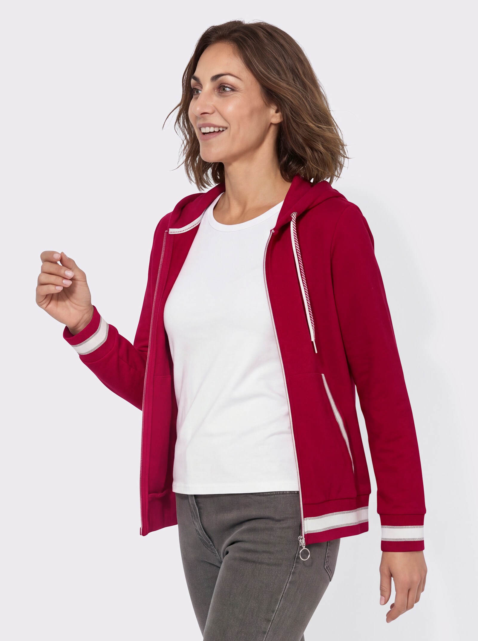 Sweatjacke mit Känguru-Tasche - rot-ecru