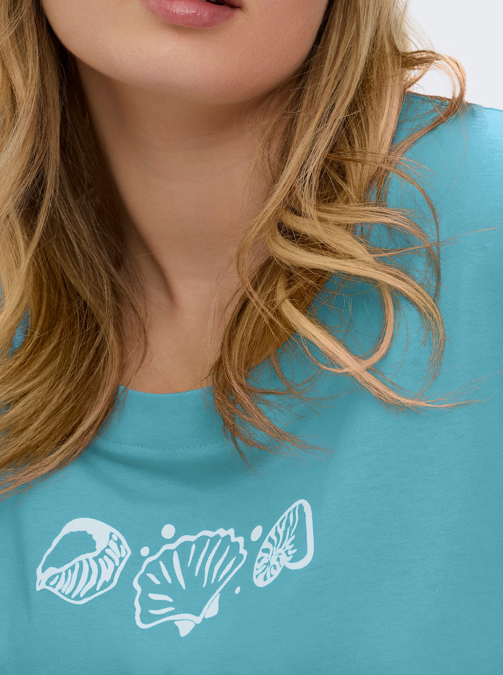 Kurzarmshirt mit Muschel-Druck - türkis