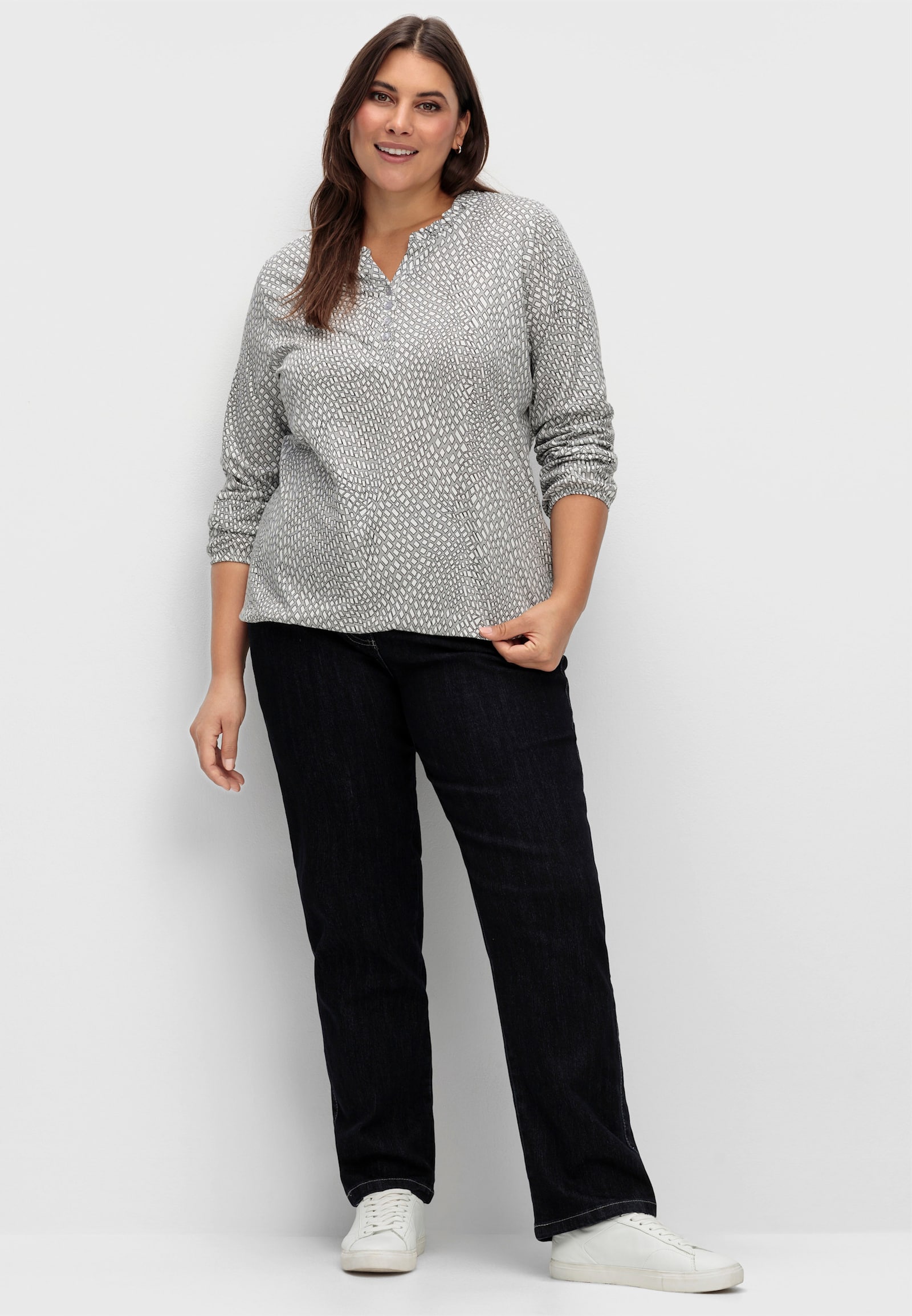 Langarmshirt im Material-Mix - steingrau-ecru-bedruckt