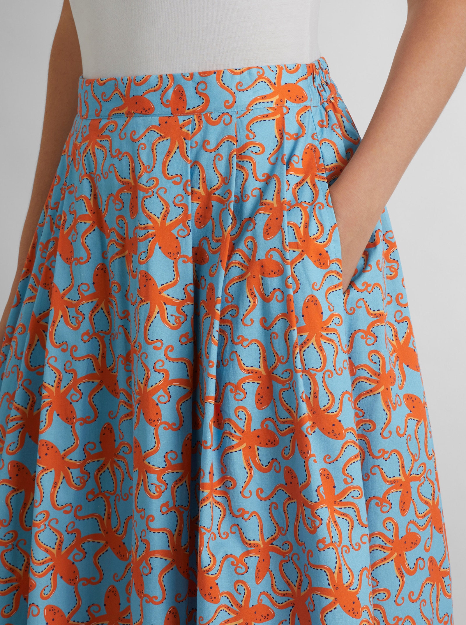 heine A-Linien-Rock mit Kraken-Print - aqua-orange-bedruckt