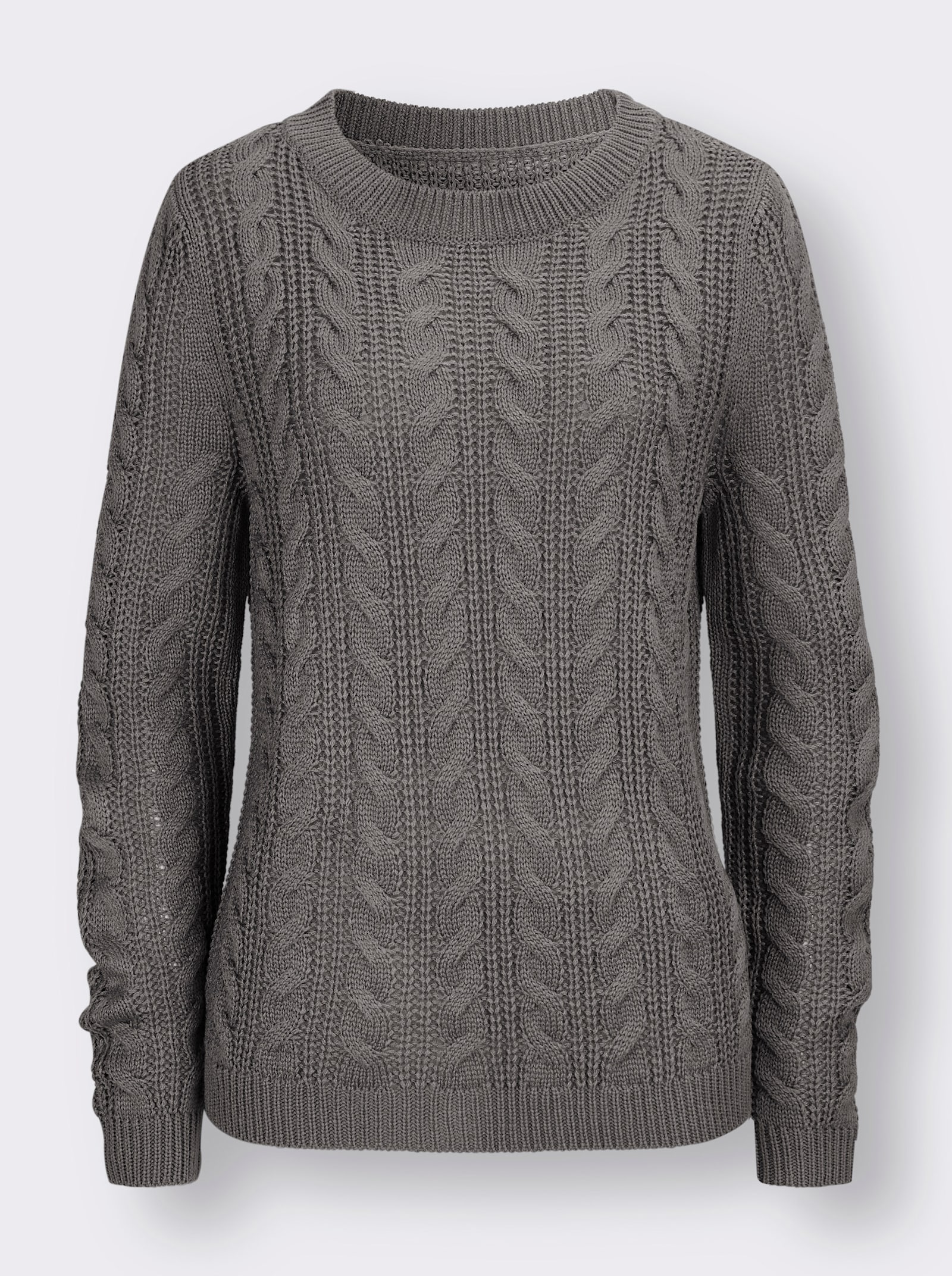 Rundhalspullover mit Zopfmuster - grau