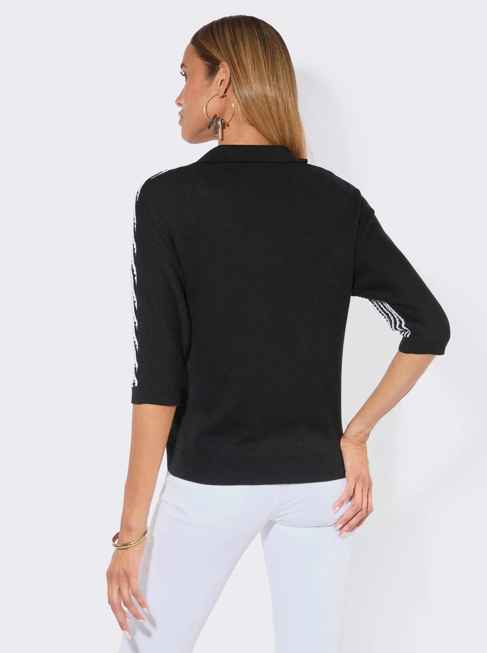 Polopullover mit Lochstickerei vorne - schwarz-weiß-gemustert