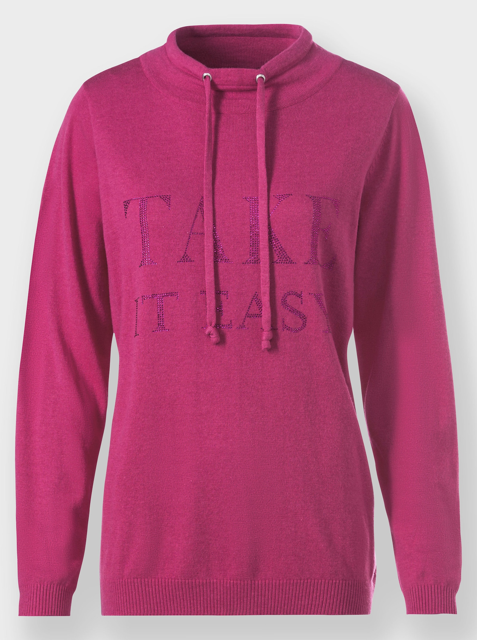 heine Stehkragenpullover mit Glitzersteinchen-Schriftzug - fuchsia