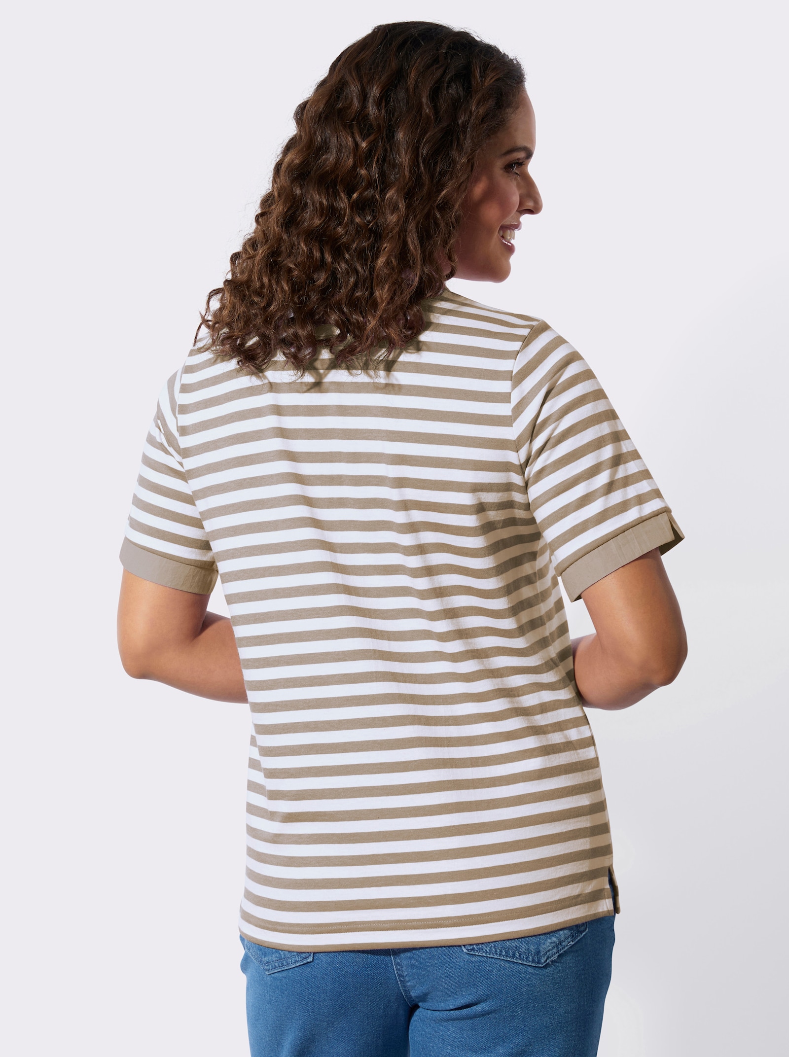 Poloshirt mit Ösen-Verzierung - sesam-weiss-geringelt