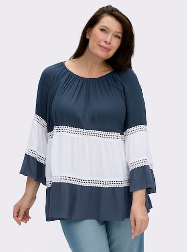Crinklebluse mit Spitzen-Akzenten - dunkelblau-ecru-gemustert