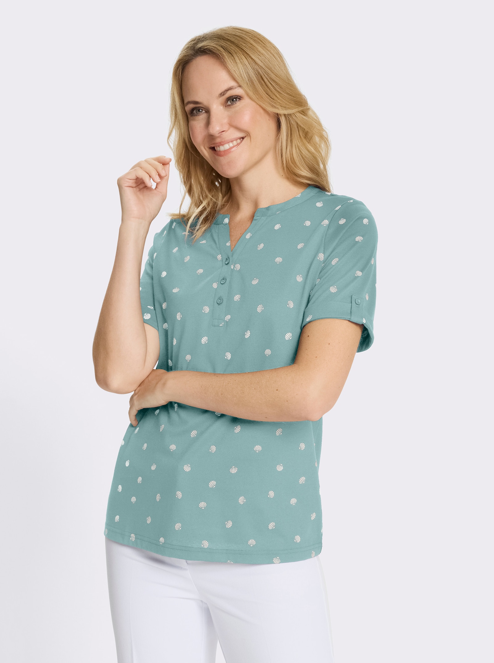 Kurzarmshirt im maritimen Dessin - salbei-ecru-bedruckt