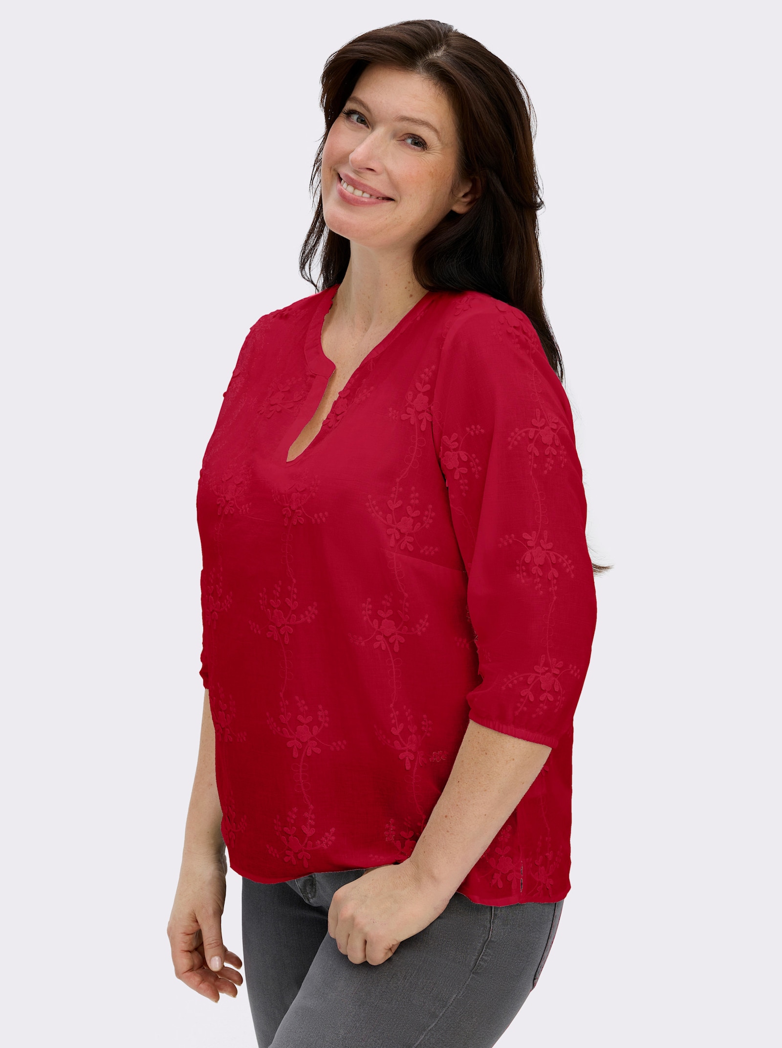 Baumwollbluse mit 3D-Blütenstickerei - erdbeere