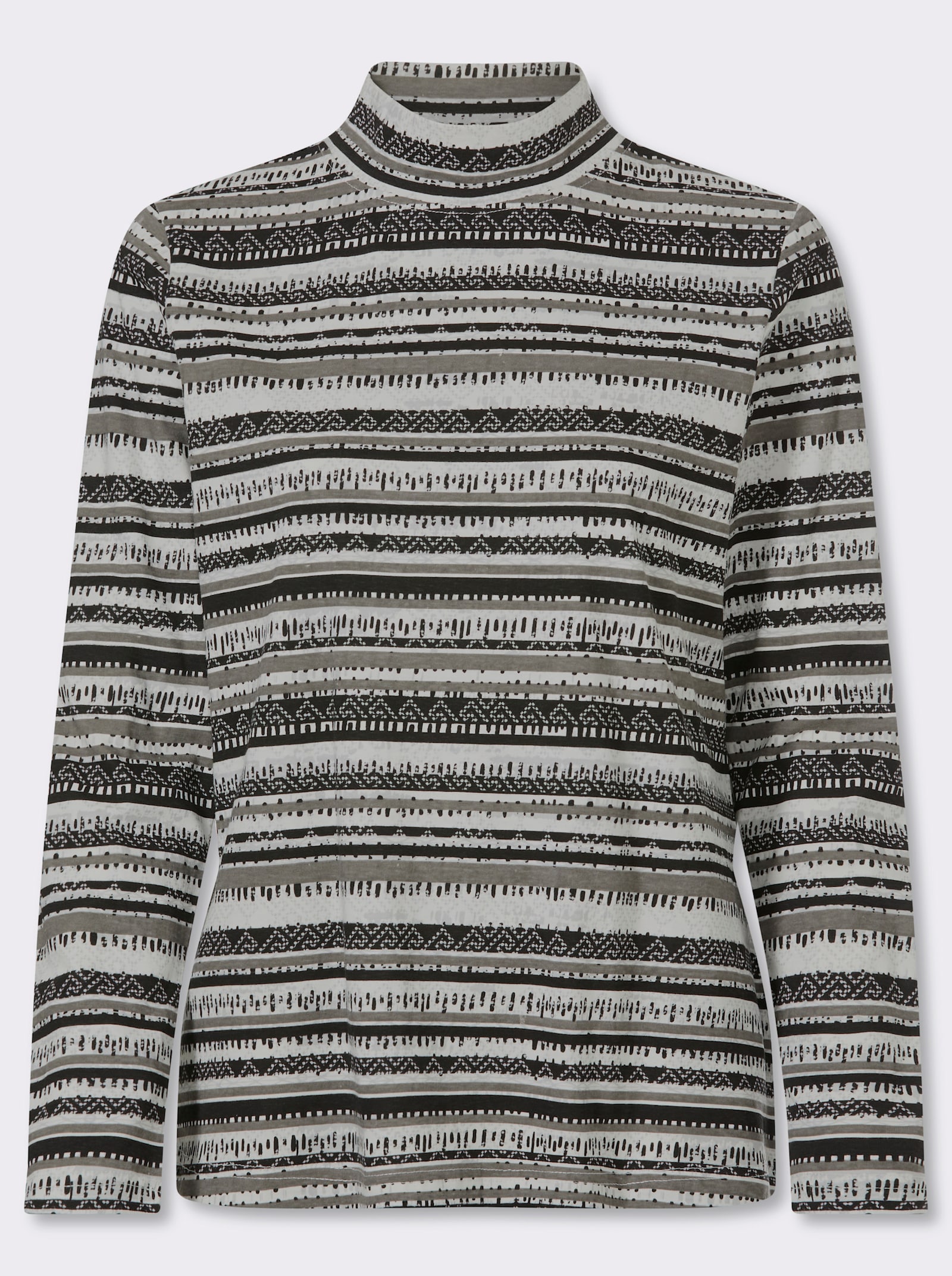 Stehkragenshirt mit Ethno-Druck - schwarz-ecru-bedruckt