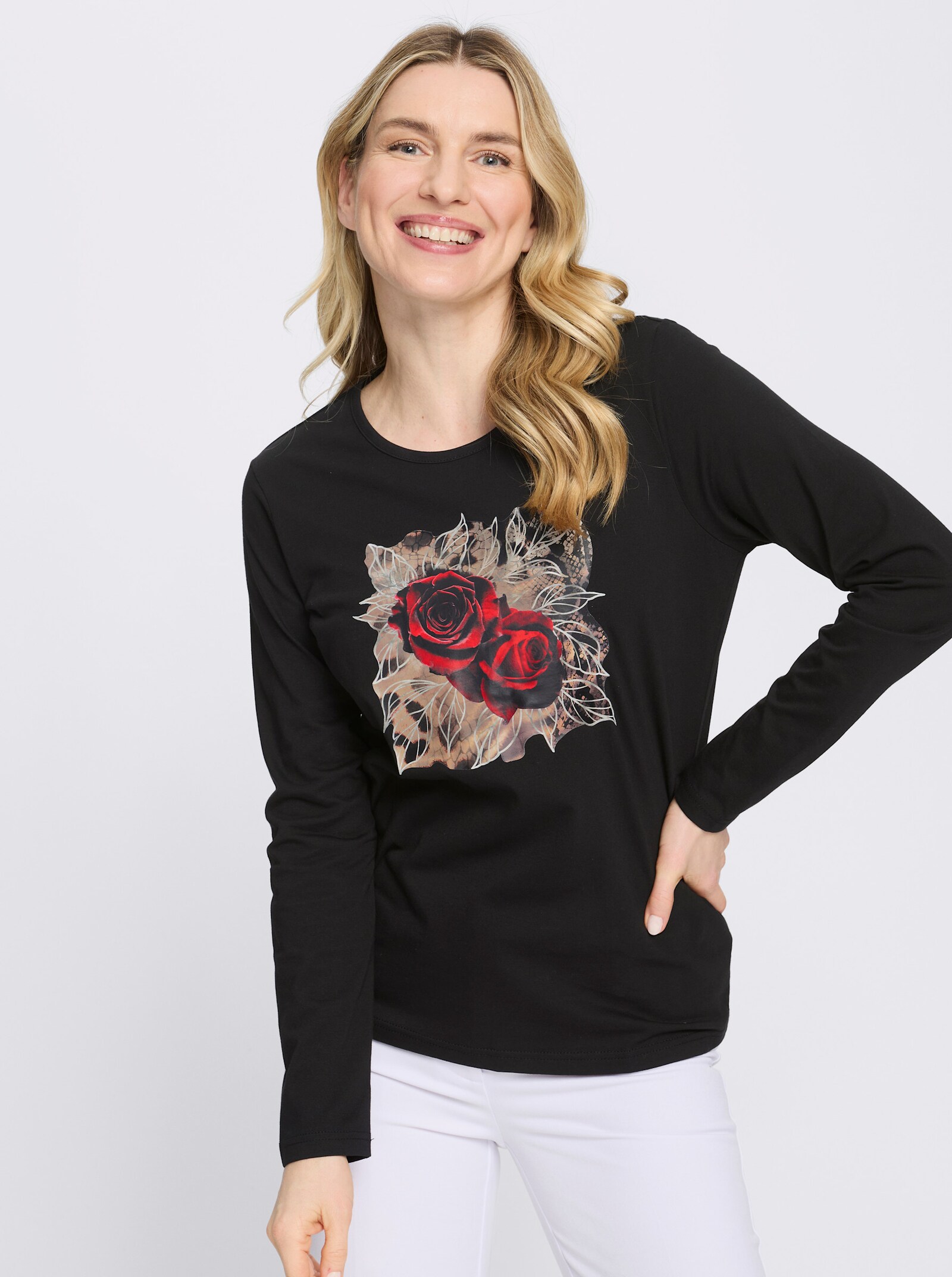 Langarmshirt mit platziertem Rosen-Leo-Print - schwarz