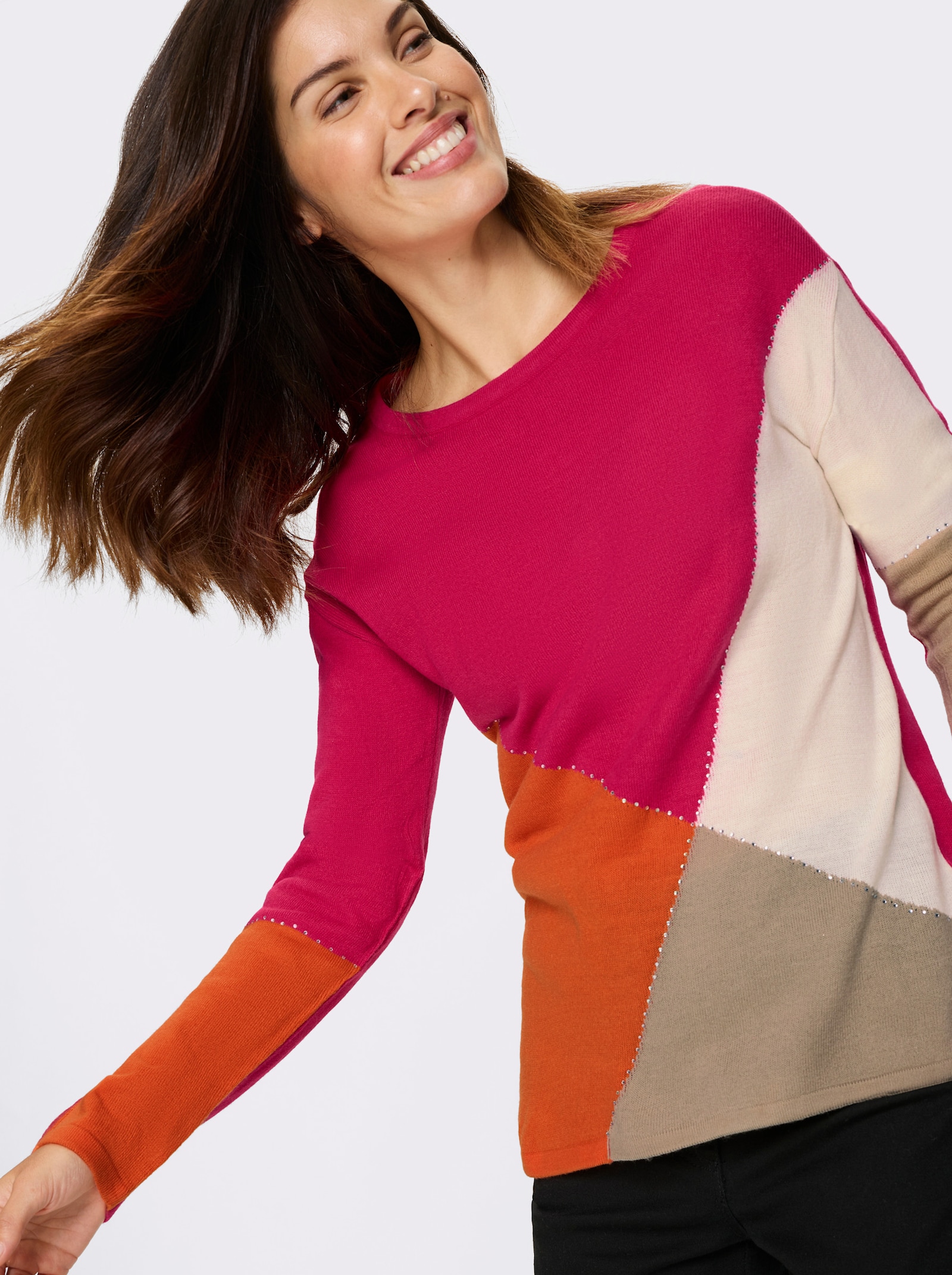Langarm-Pullover im Colour-Blocking-Dessin - orange-pink-gemustert