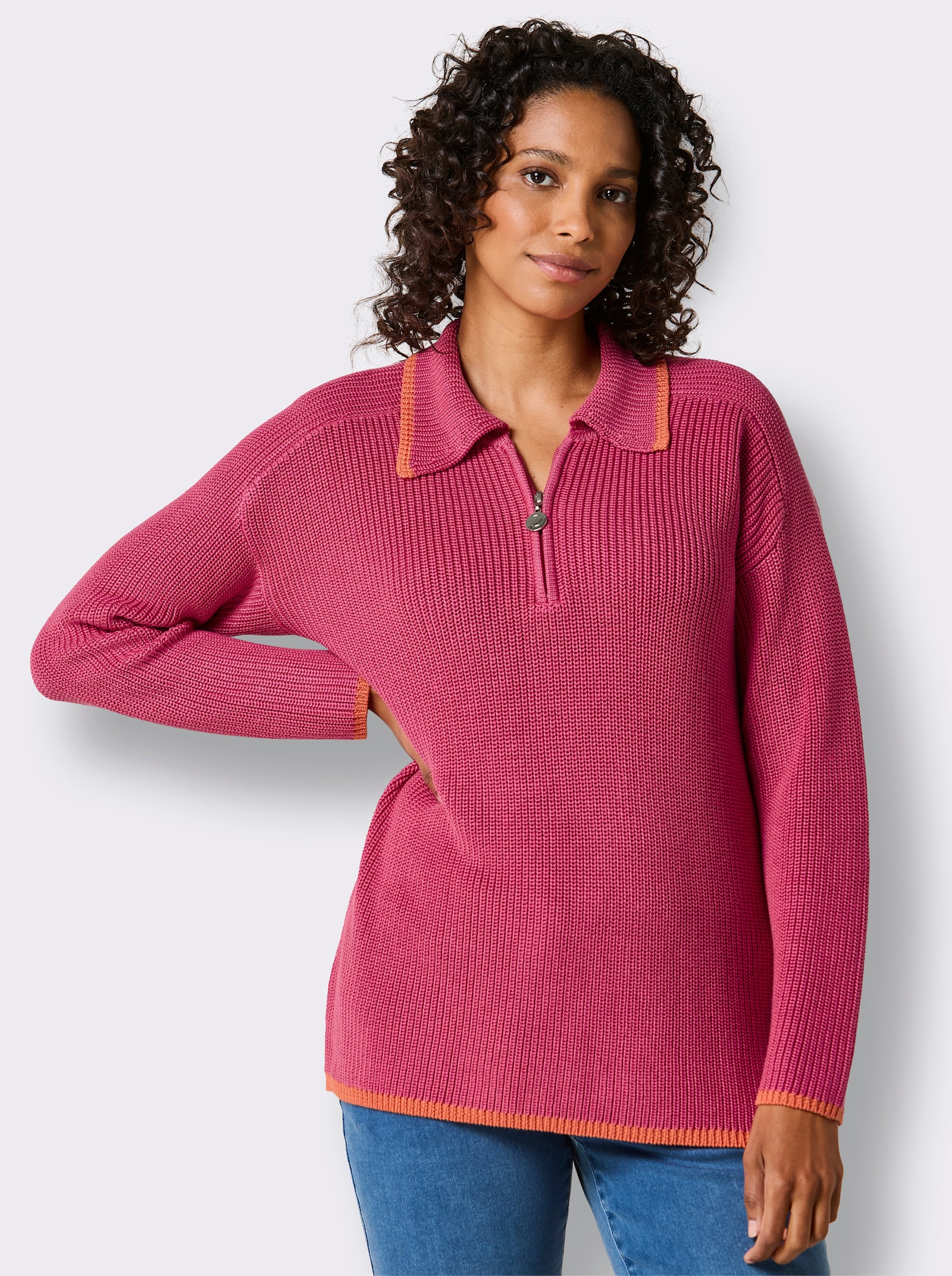 CREATION L PREMIUM Polopullover in Feinripp-Struktur - fuchsia