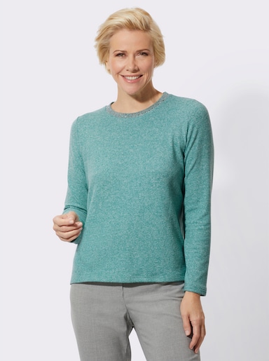 Langarmshirt mit Ziersteinchen - salbei-meliert