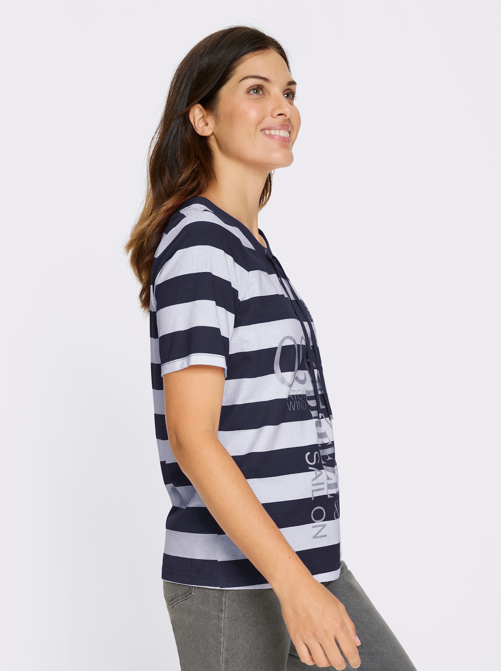Kurzarmshirt mit Glitzer-Druck, gestreift - marine-weiss-geringelt