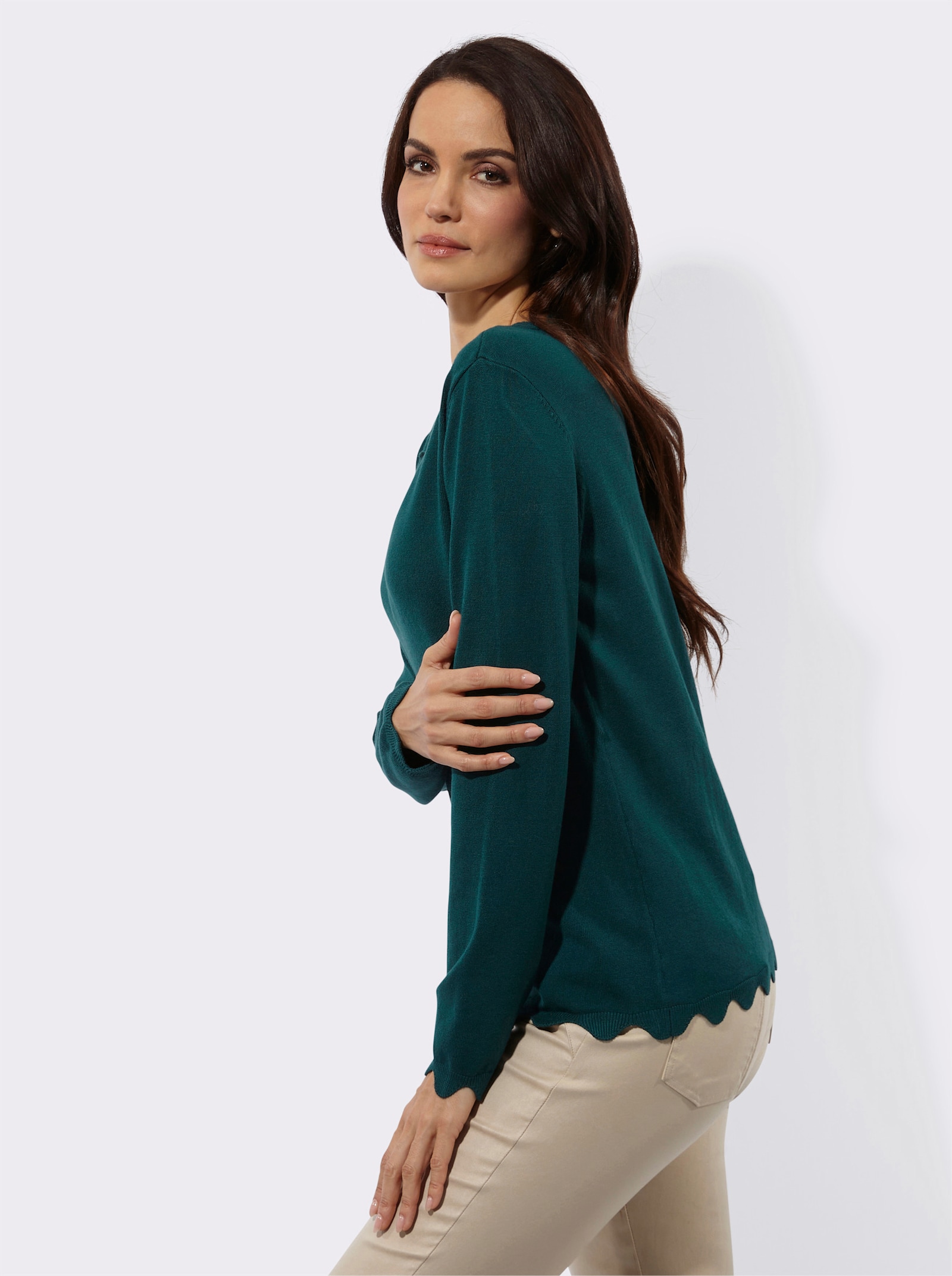 Pullover mit Zierperlen am Ausschnitt - petrol