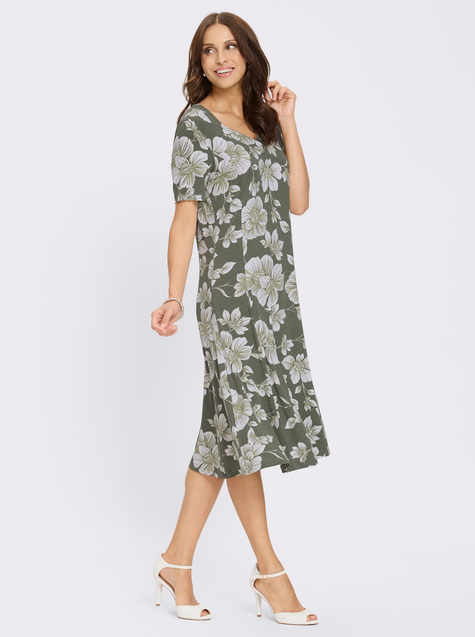 Jerseykleid in A-Linie - khaki-weiß-bedruckt