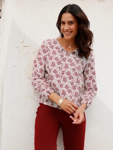 Print-Shirt mit kleinem V - champagner-dunkelrot-bedruckt