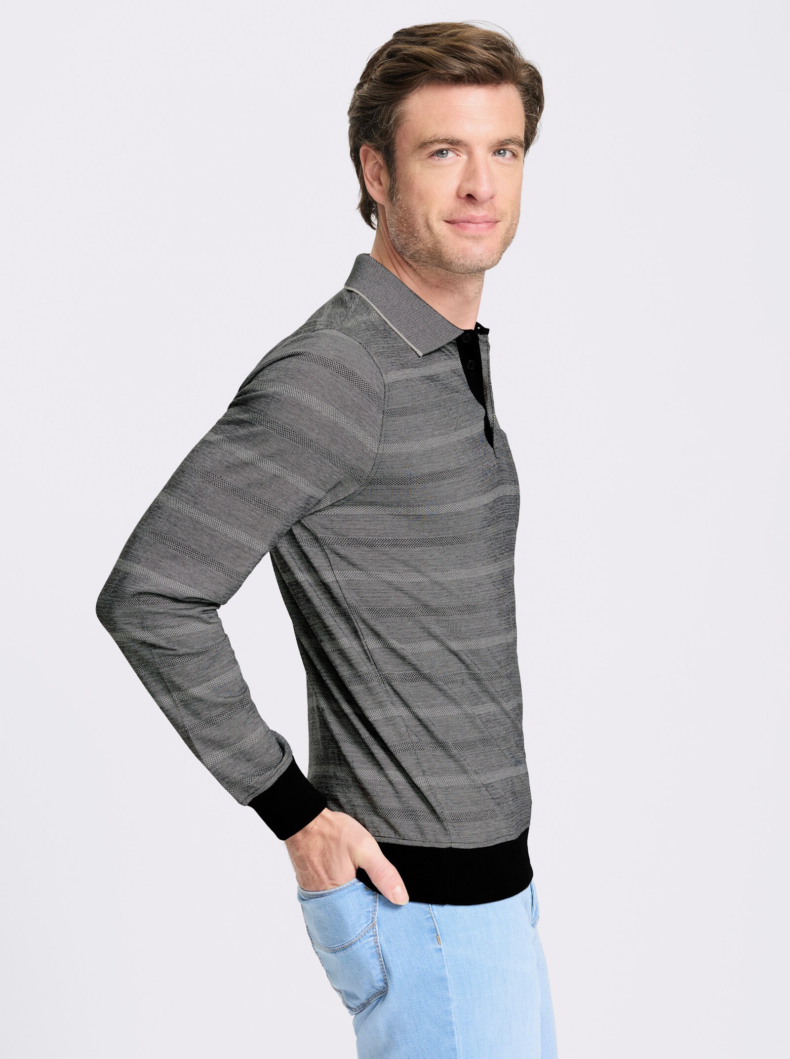 Marco Donati Langarm-Poloshirt mit Jacquard-Muster - hellgrau-gemustert