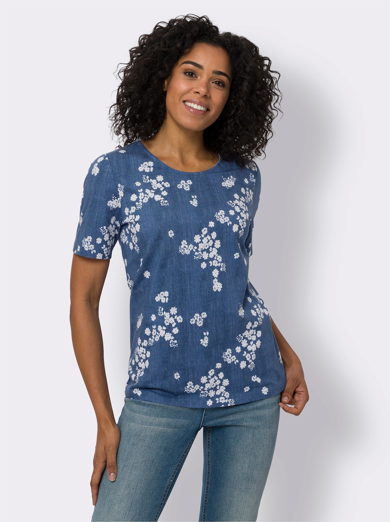 Kurzarmshirt - jeansblau-weiß-bedruckt