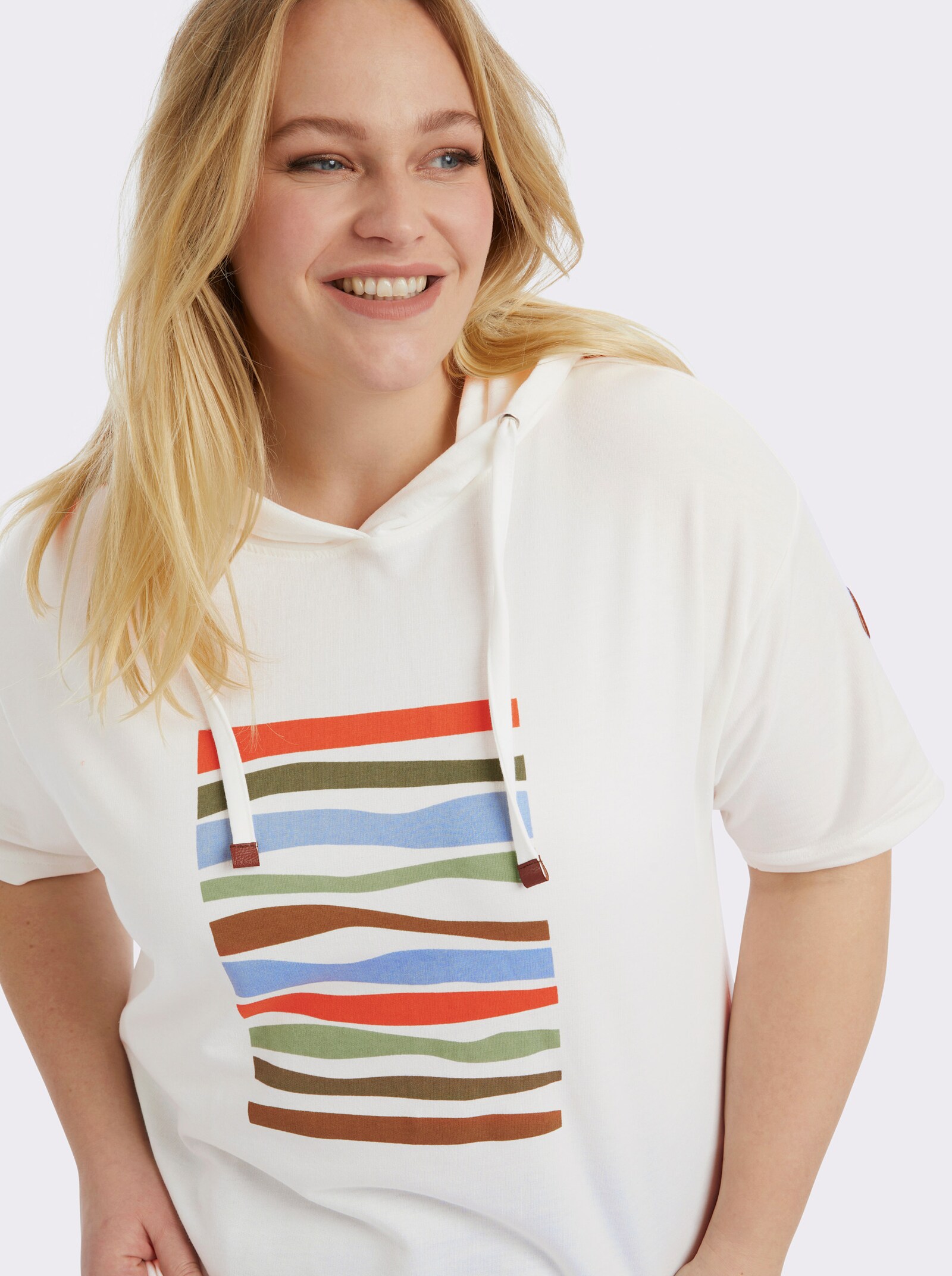 Kapuzensweatshirt mit elastischem Saum - ecru-eucalyptus-bedruckt