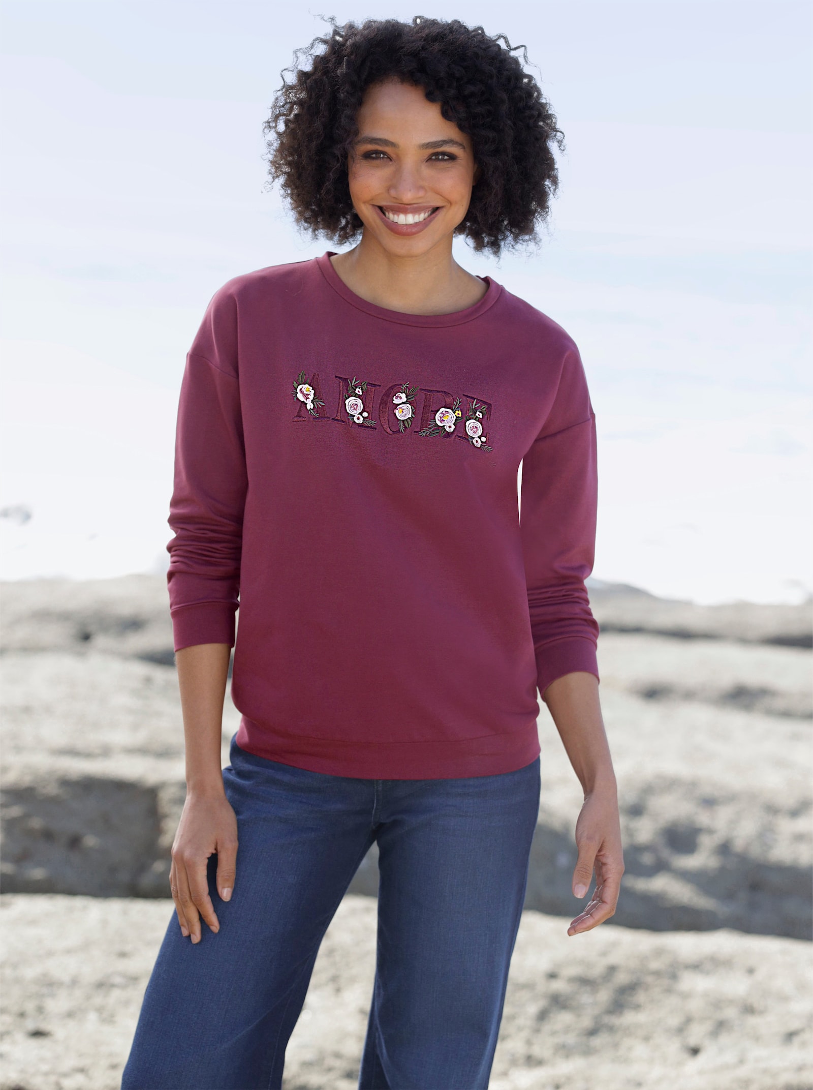 heine Sweatshirt met bloemenborduursel - bordeaux