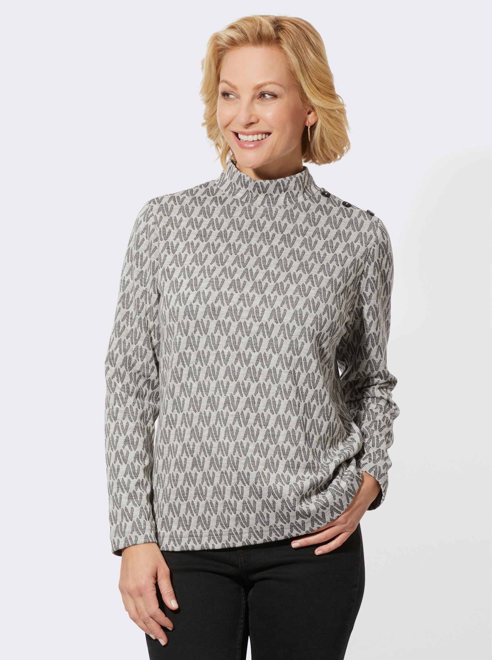 Stehkragenshirt mit Zierknöpfen auf der Schulter - hellgrau-schwarz-gemustert