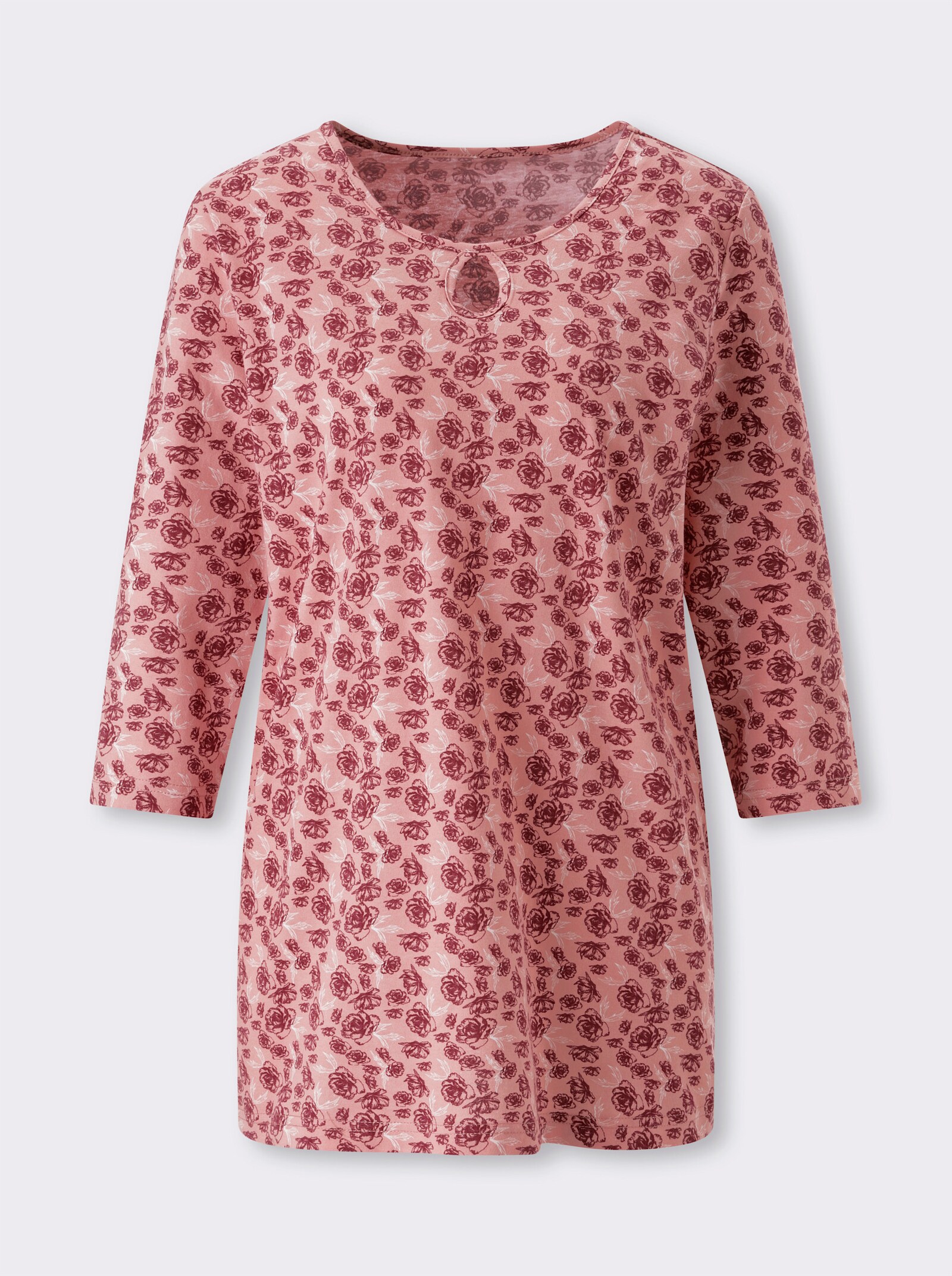 Longshirt mit Tropfen-Ausschnitt - rosenquarz-bordeaux-bedruckt