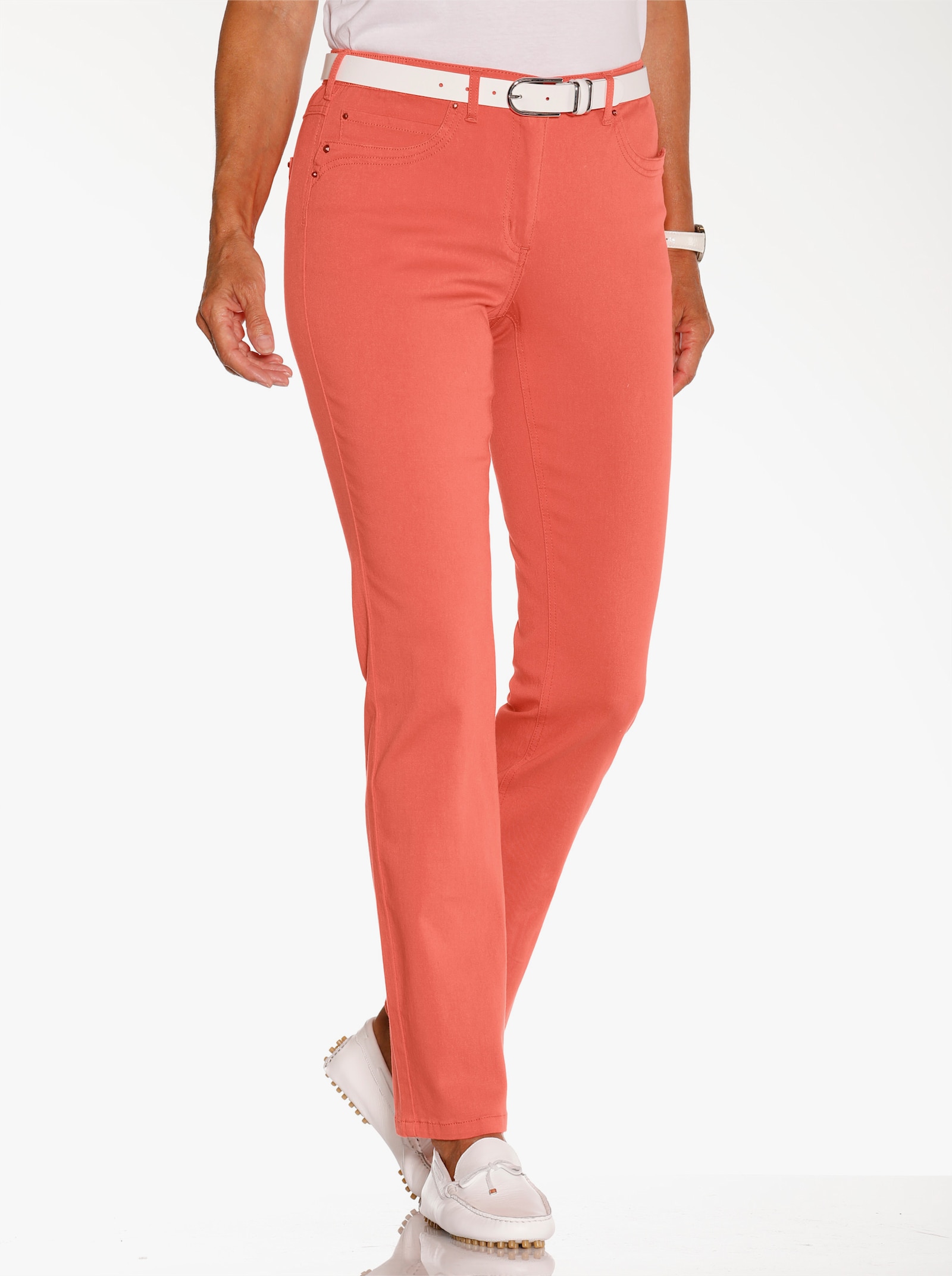 5-pocketsjeans met sierstuds op de zakken - koraal