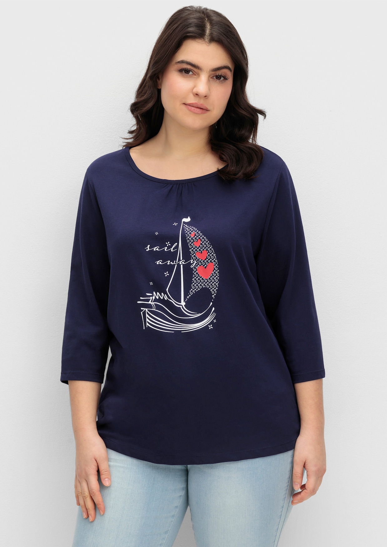 3/4-Arm-Shirt aus reiner Baumwolle - marine-ecru