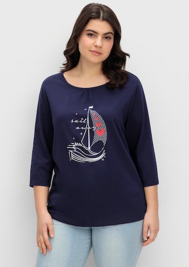 3/4-Arm-Shirt aus reiner Baumwolle - marine-ecru