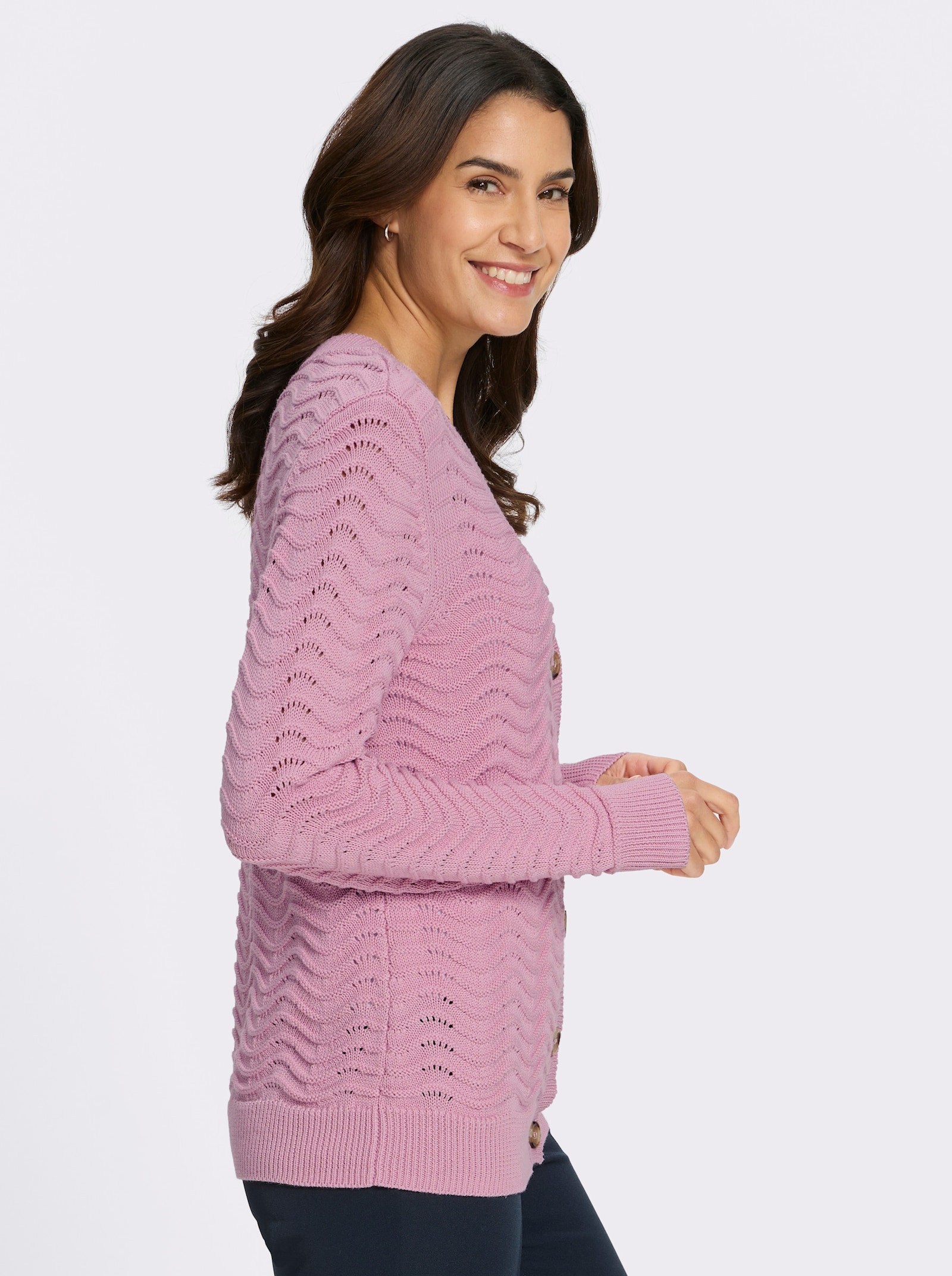 Strickjacke mit wellenförmigem Ajourmuster - rosé