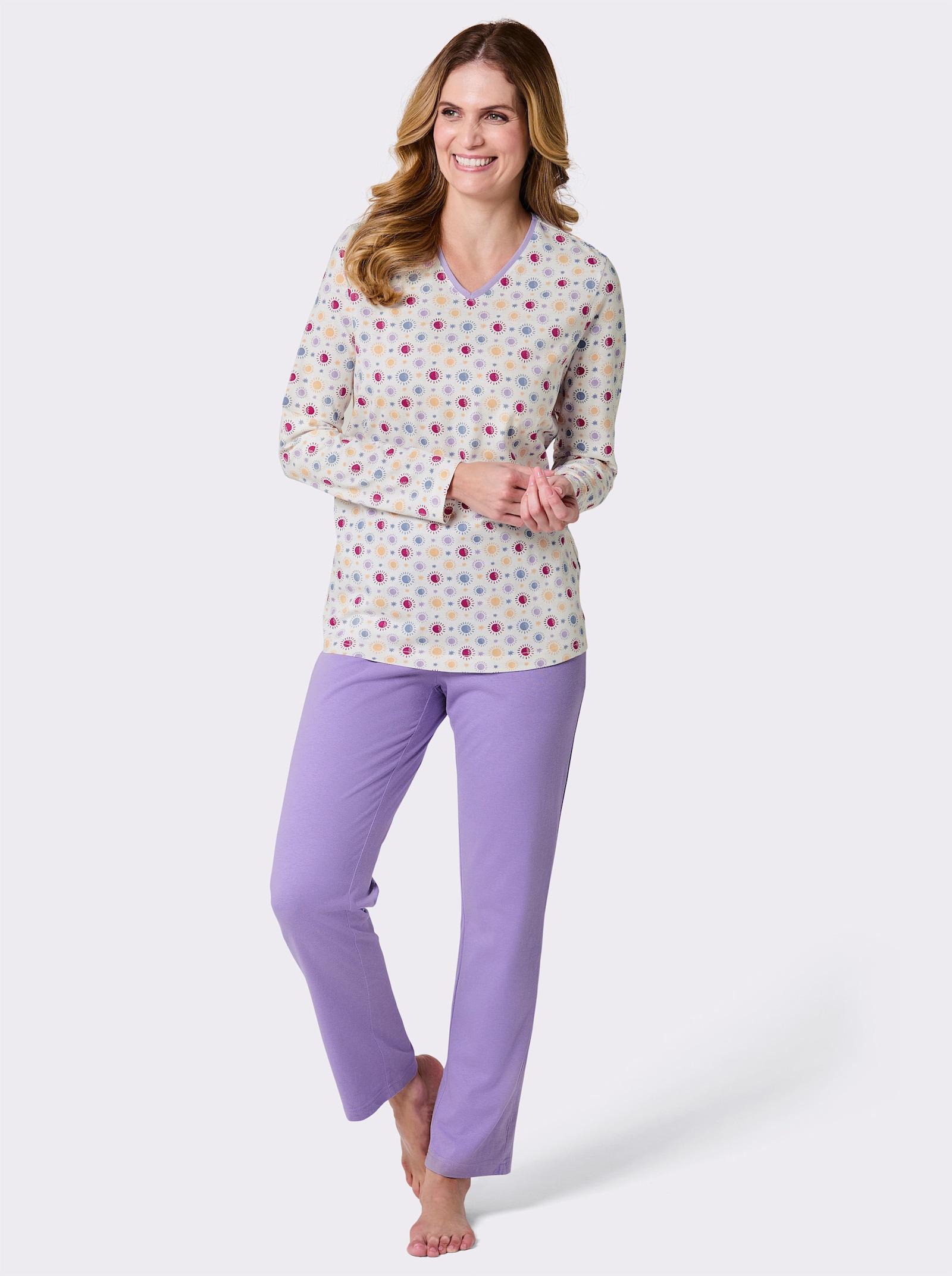 wäschepur Schlafanzug aus reiner Baumwolle - ecru-lavendel-bedruckt