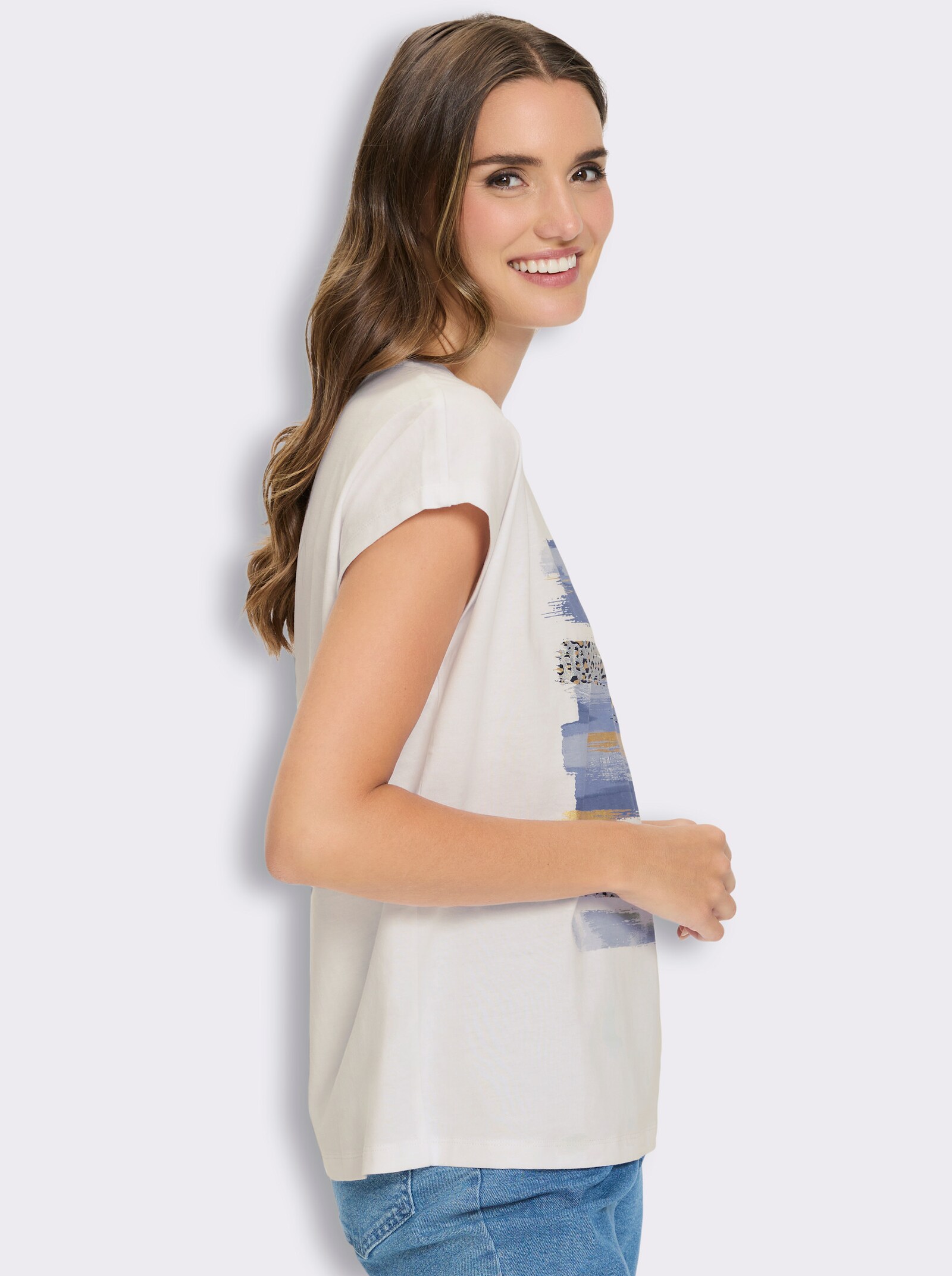 Kurzarmshirt mit Foliendruck - weiß-jeansblau