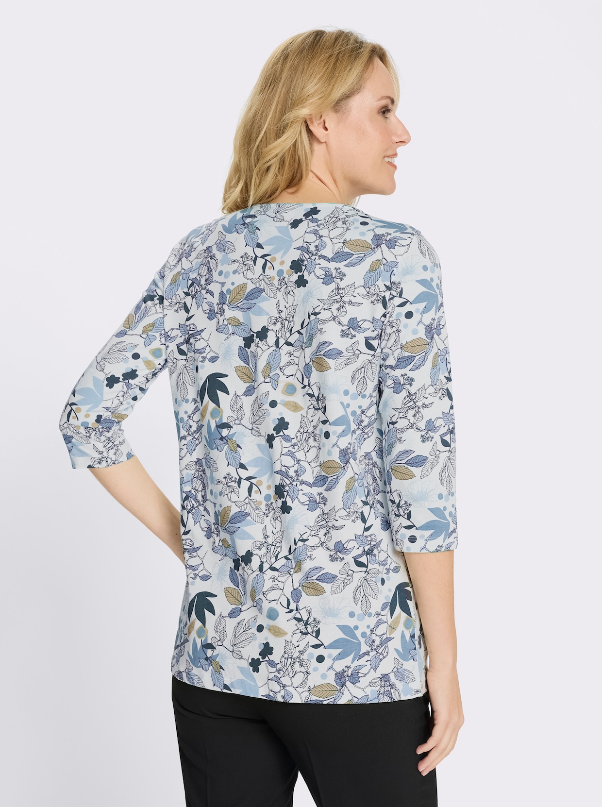 Longshirt in A-Form - taubenblau-ecru-bedruckt