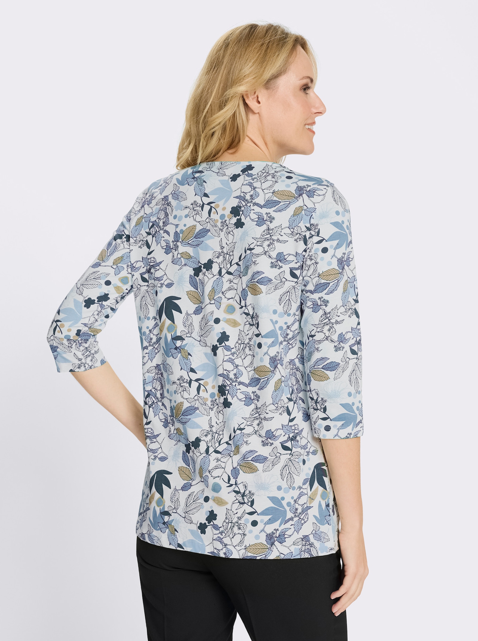 Lång utställd topp - duvblå-ecru-med tryck