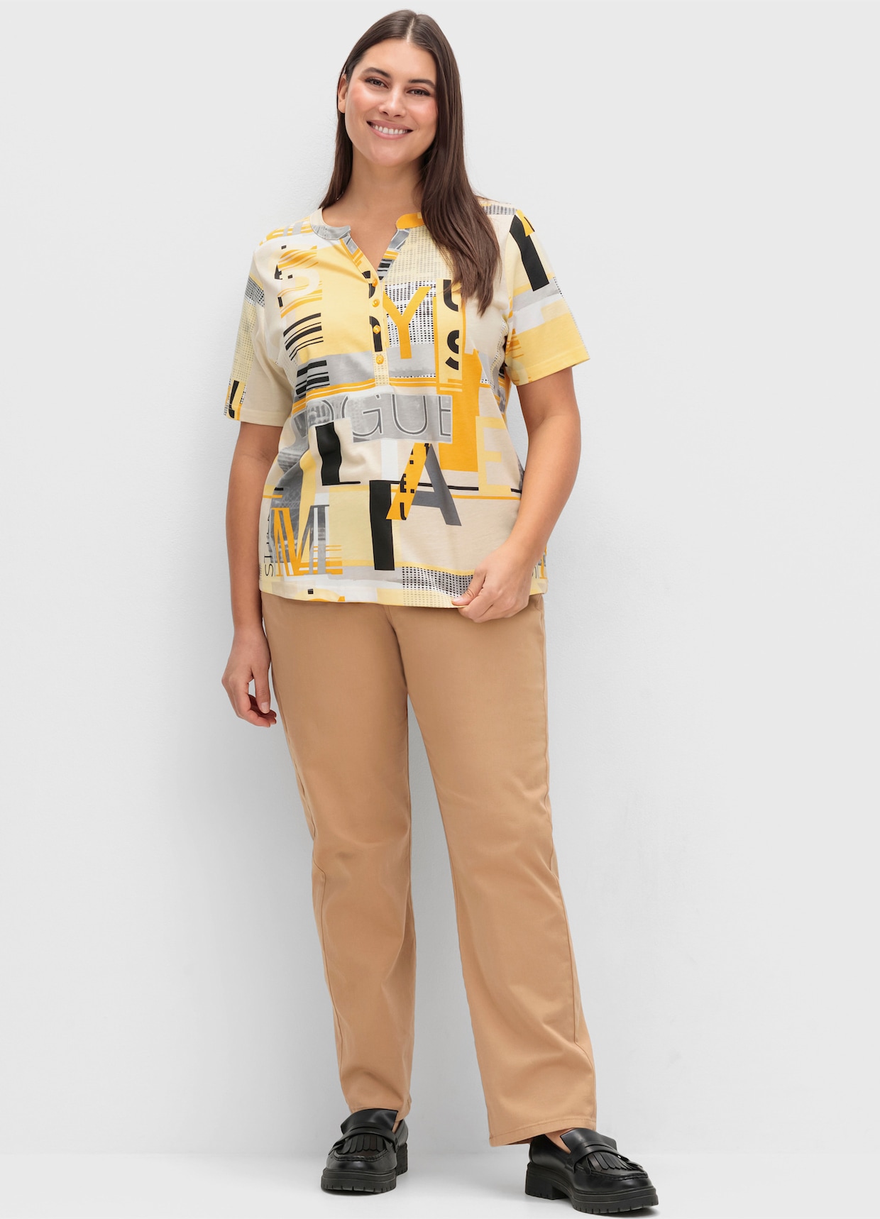Kurzarmshirt - ocker-sand-bedruckt