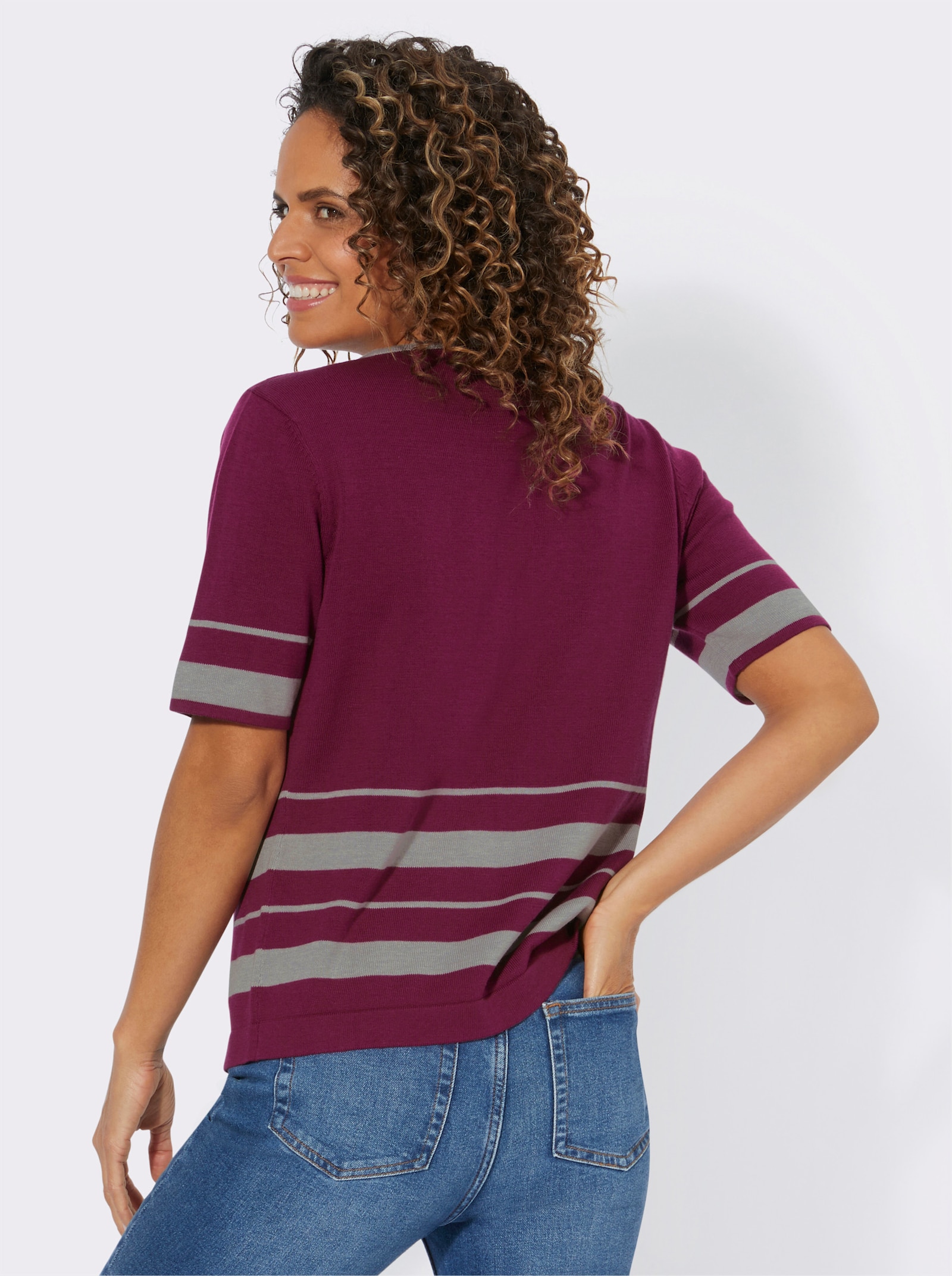 Pullover met korte mouwen en streeppatroon - malve/steengrijs gedessineerd