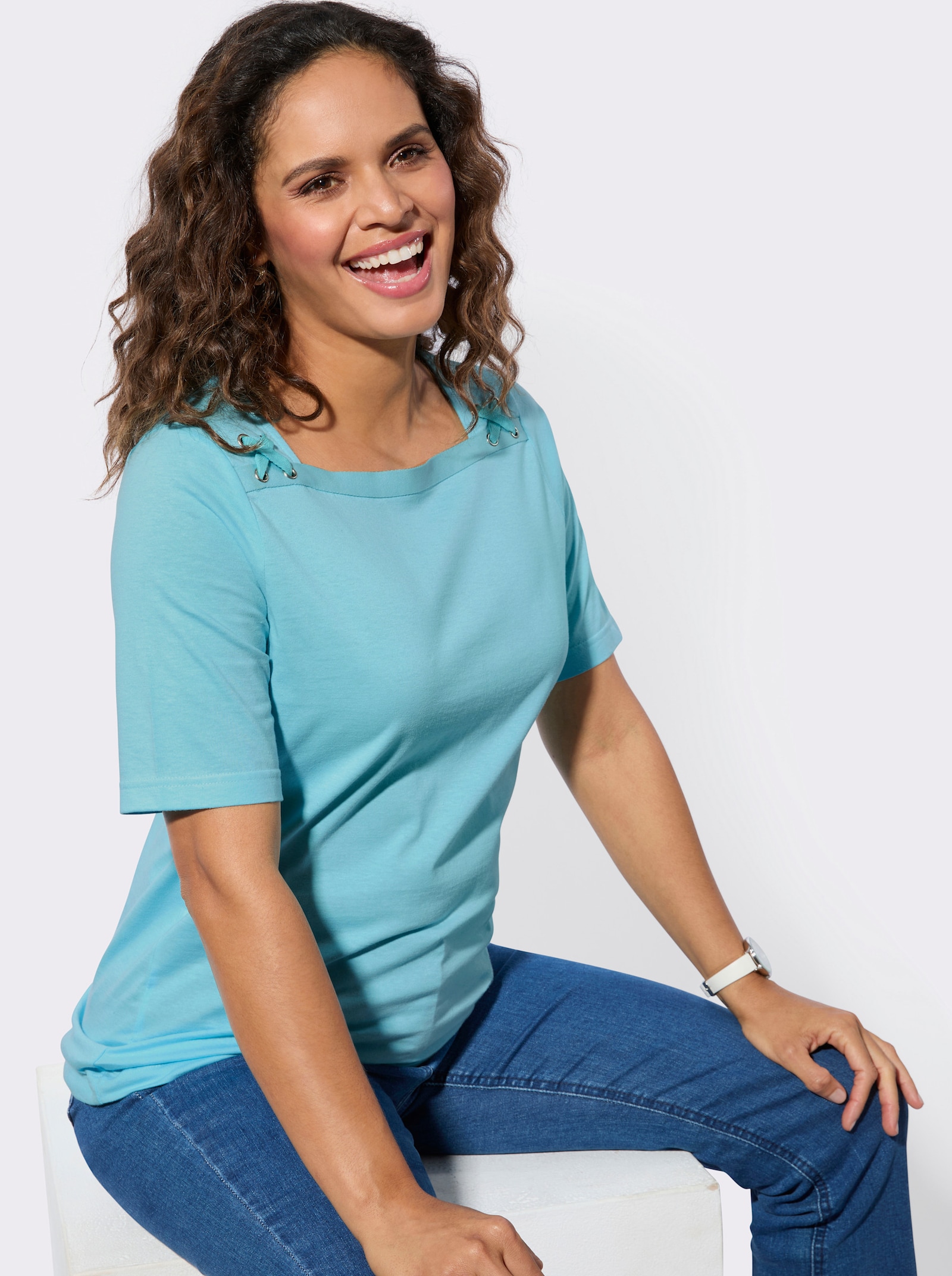 Shirt-Set mit dekorativem Ausschnitt - aquamarin + aquamarin-weiß-geringelt