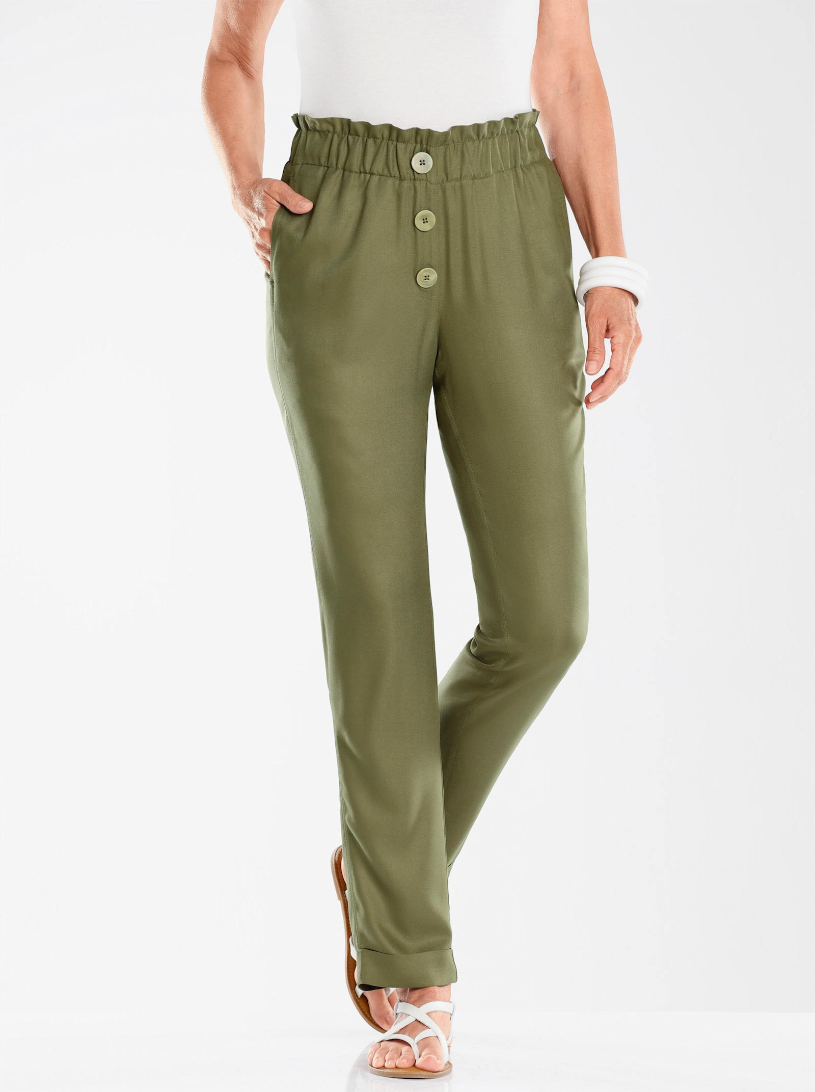 Comfortbroek met vaste pijpomslag - olijf