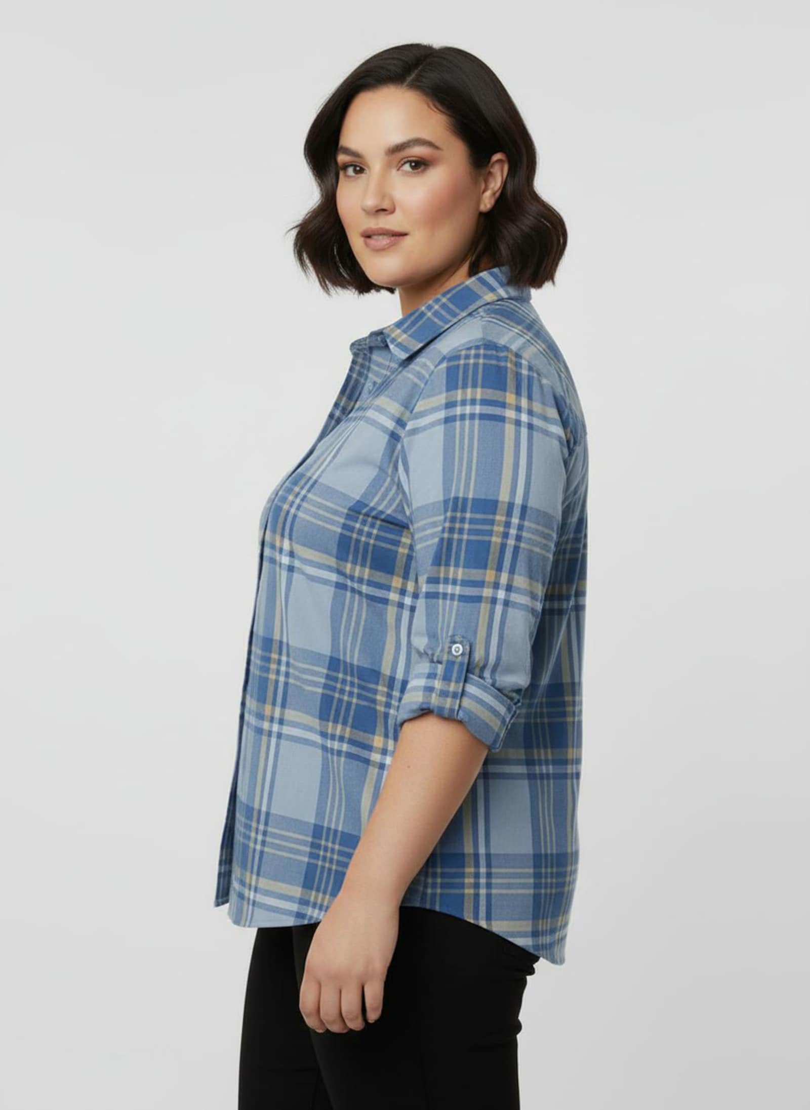 Karobluse mit Krempel-Ärmeln - eisblau-apricot-kariert