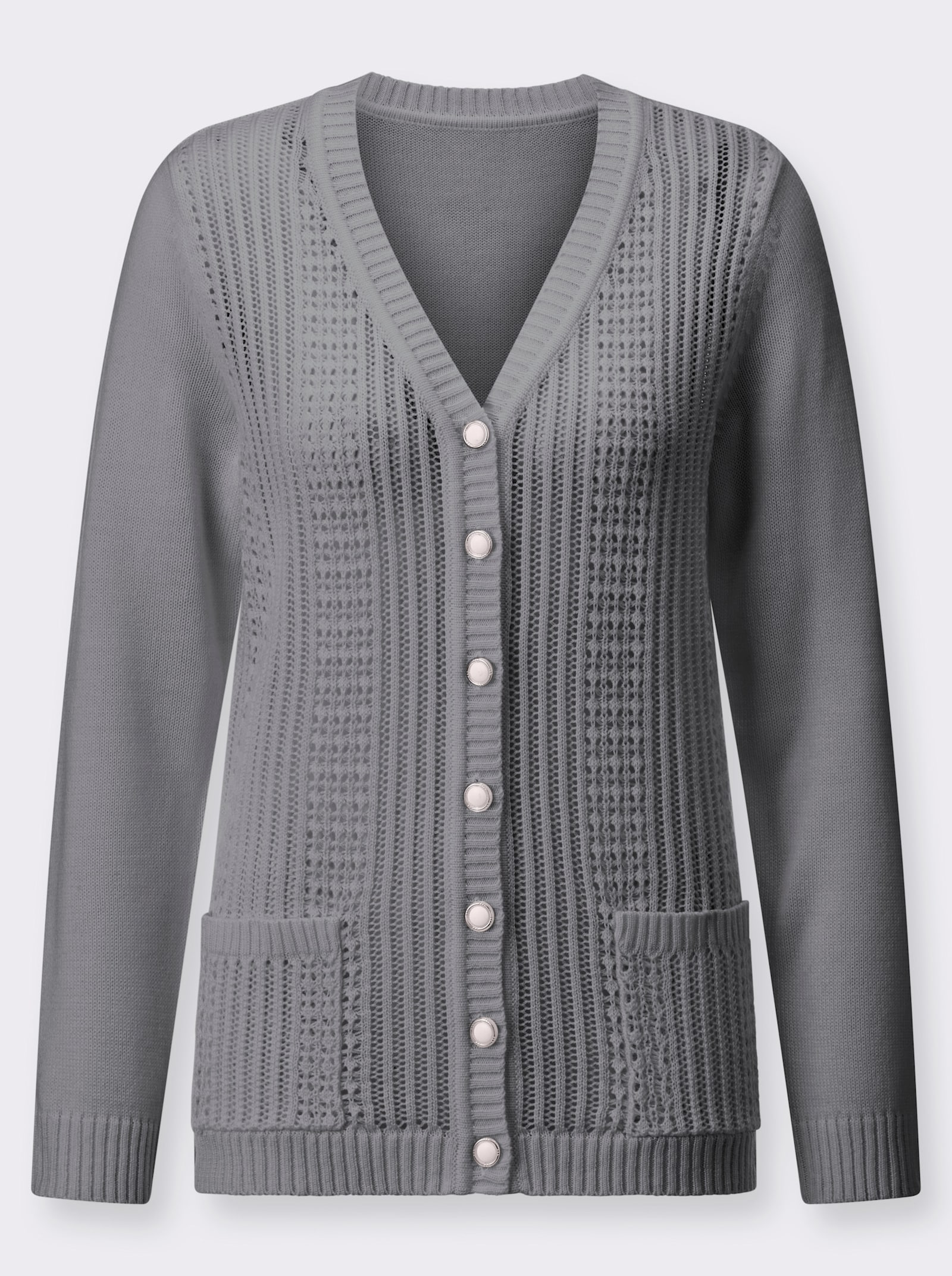 Ajourstrickjacke mit Strickmuster im Vorderteil - steingrau