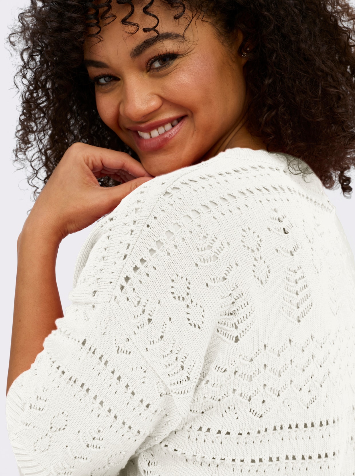 sheego Kurzarmpullover aus Ajourstrick - ecru
