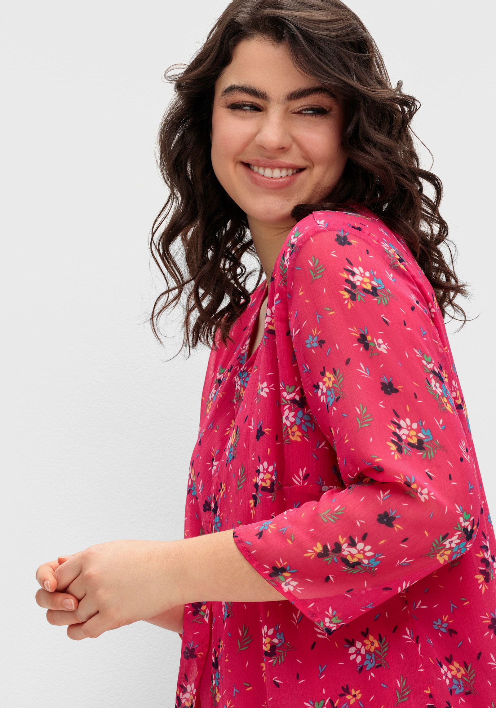 Dlouhá halenka vrstveného vzhledu s šifonem - pink-námořnická modrá-potisk