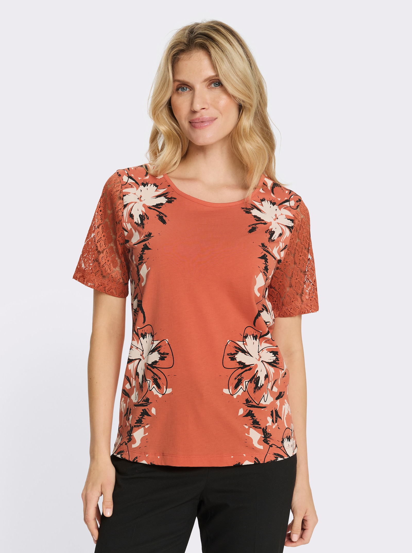 Kurzarmshirt mit floralem Print an den Seiten - papaya-champagner-bedruckt