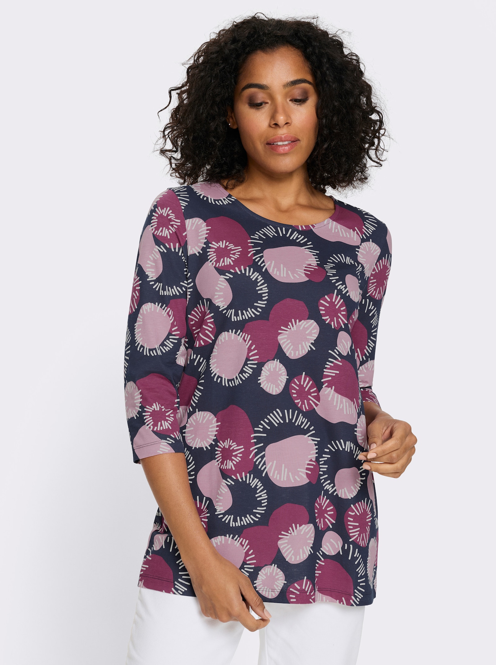 Lang shirt met 3/4-mouwen, katoen - oudroze/mauve bedrukt