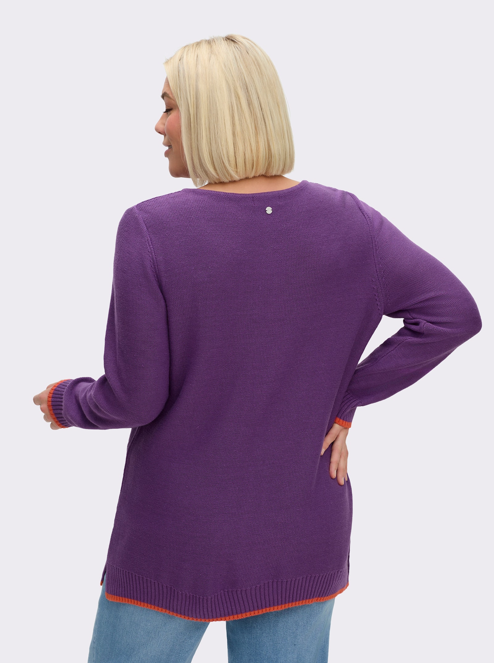 sheego V-Ausschnitt-Pullover mit Kontraststreifen - lila-orange