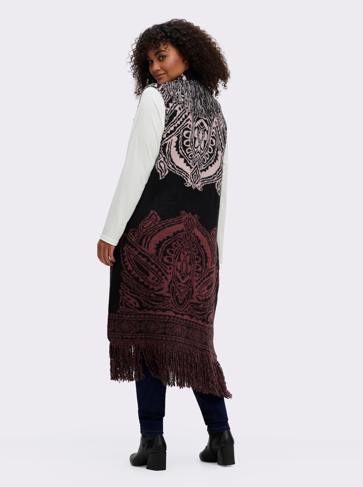 sheego by Joe Browns Fransenweste - schwarz-rotbraun-gemustert