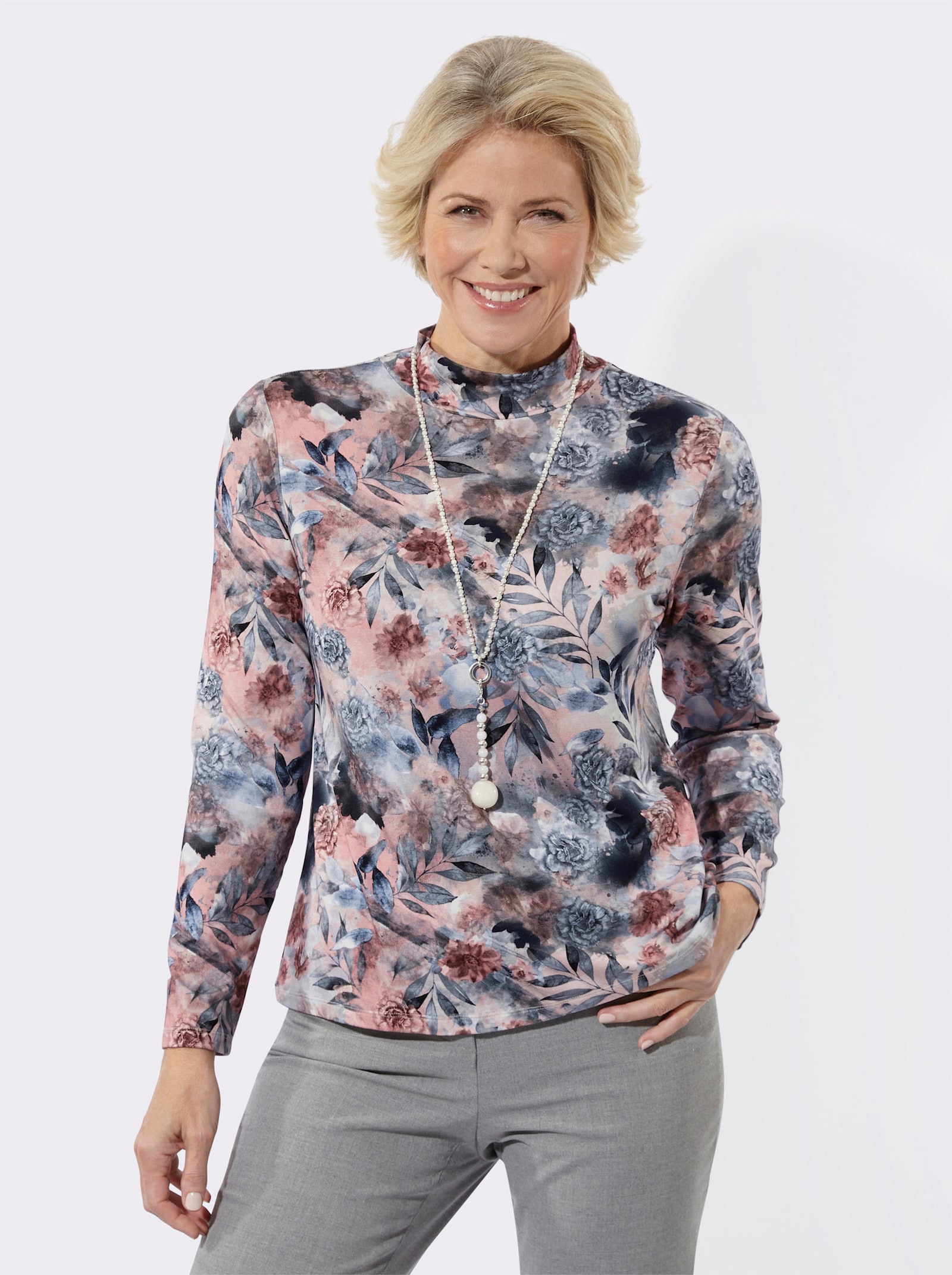 Stehkragenshirt im floralen Dessin - hortensie-rauchblau-bedruckt