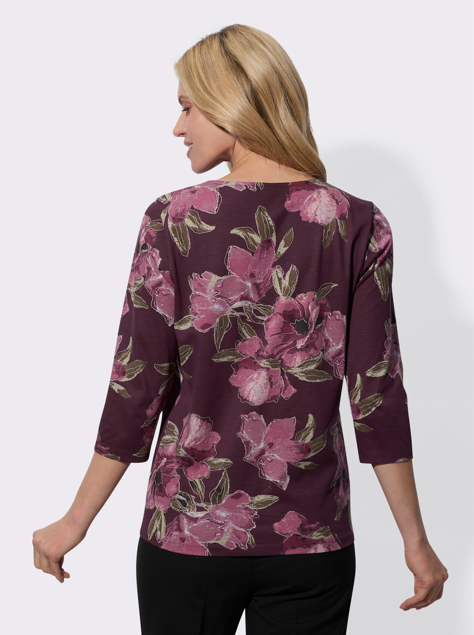 3/4-Arm-Shirt allover mit Blütendessin - burgund-mauve-bedruckt