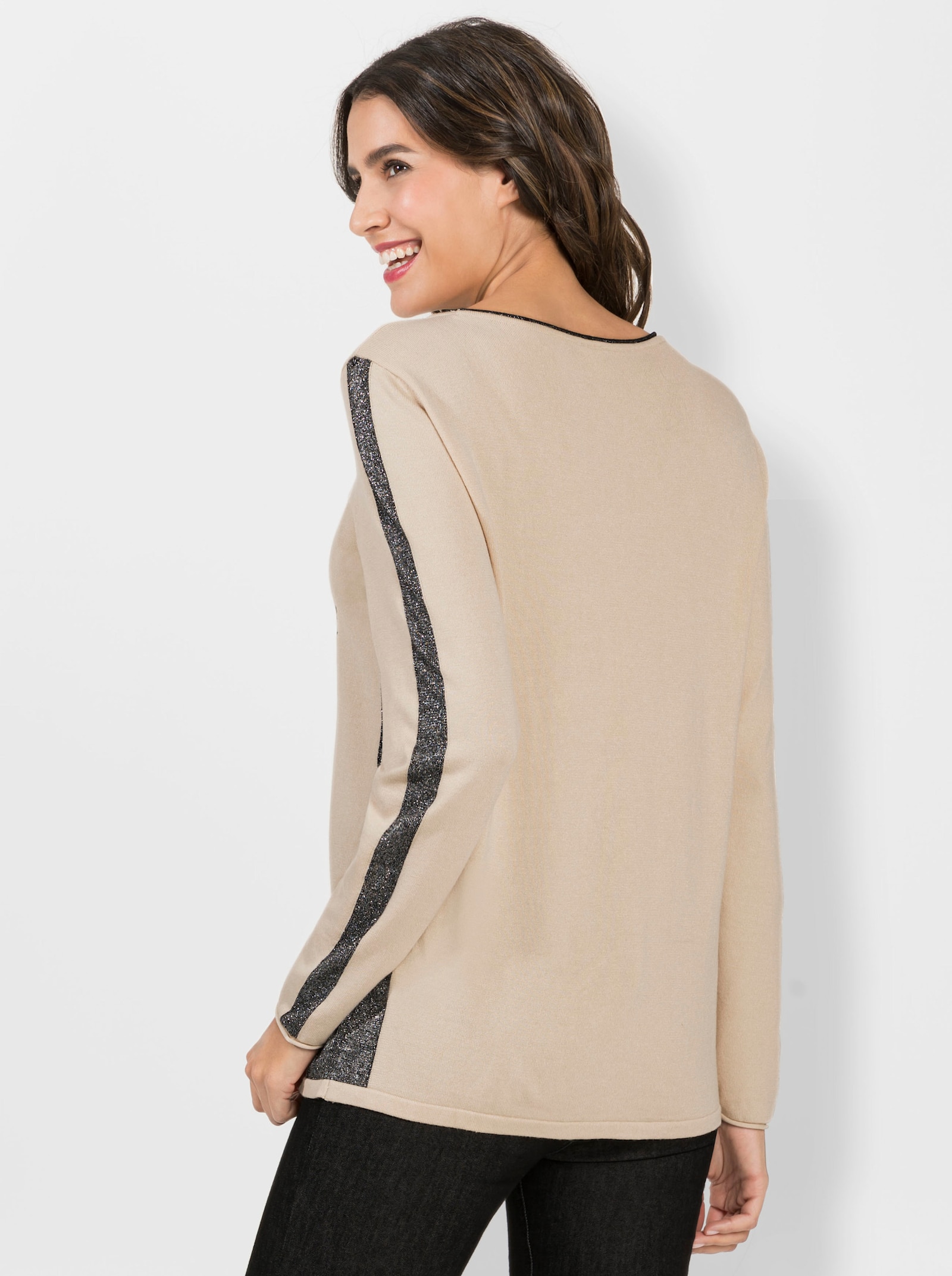 Strickpullover mit Glitzersteinchen - sand-schwarz-bedruckt