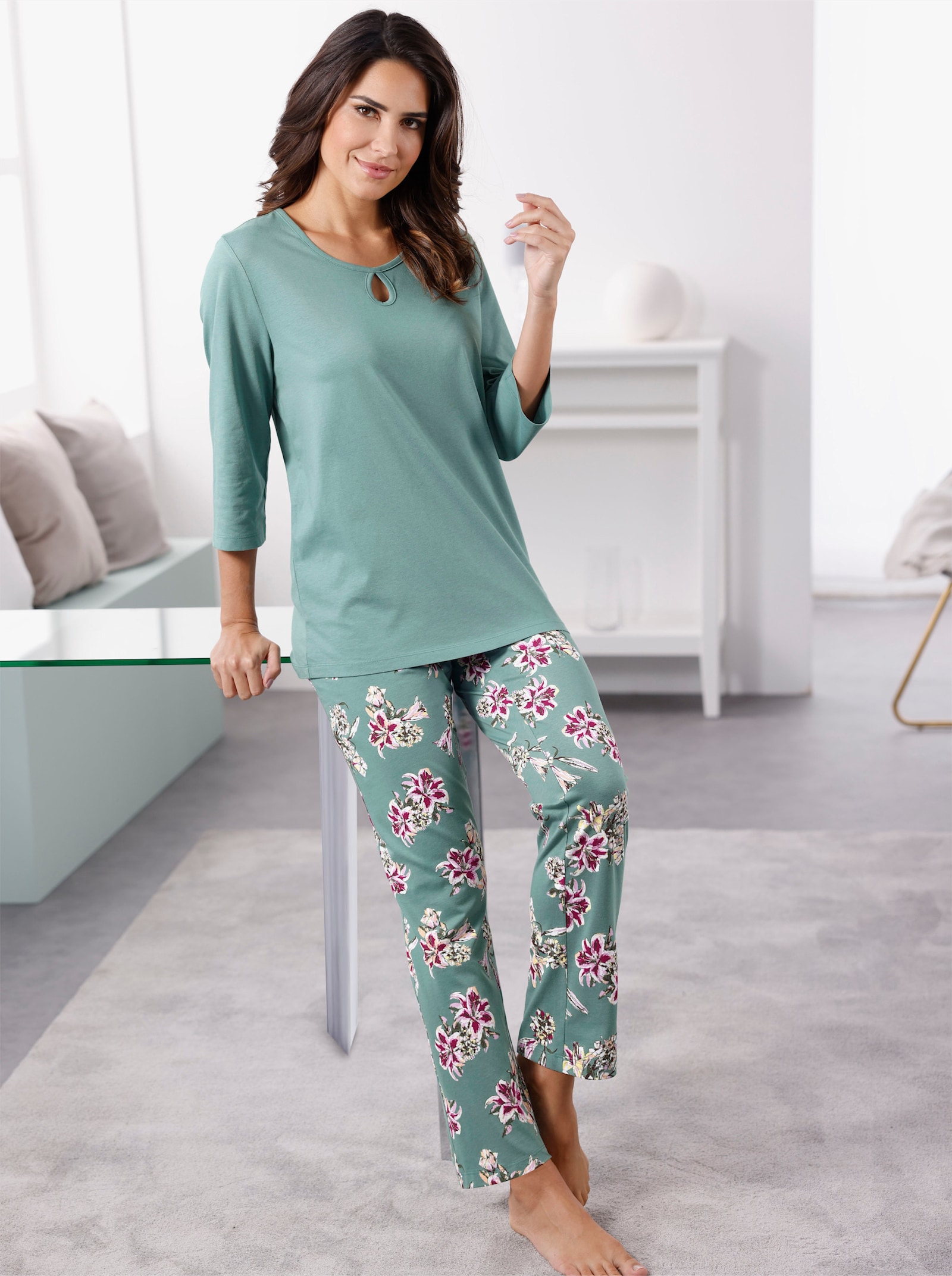 Pyjama met 3/4-mouwen, puur katoen - jade geprint